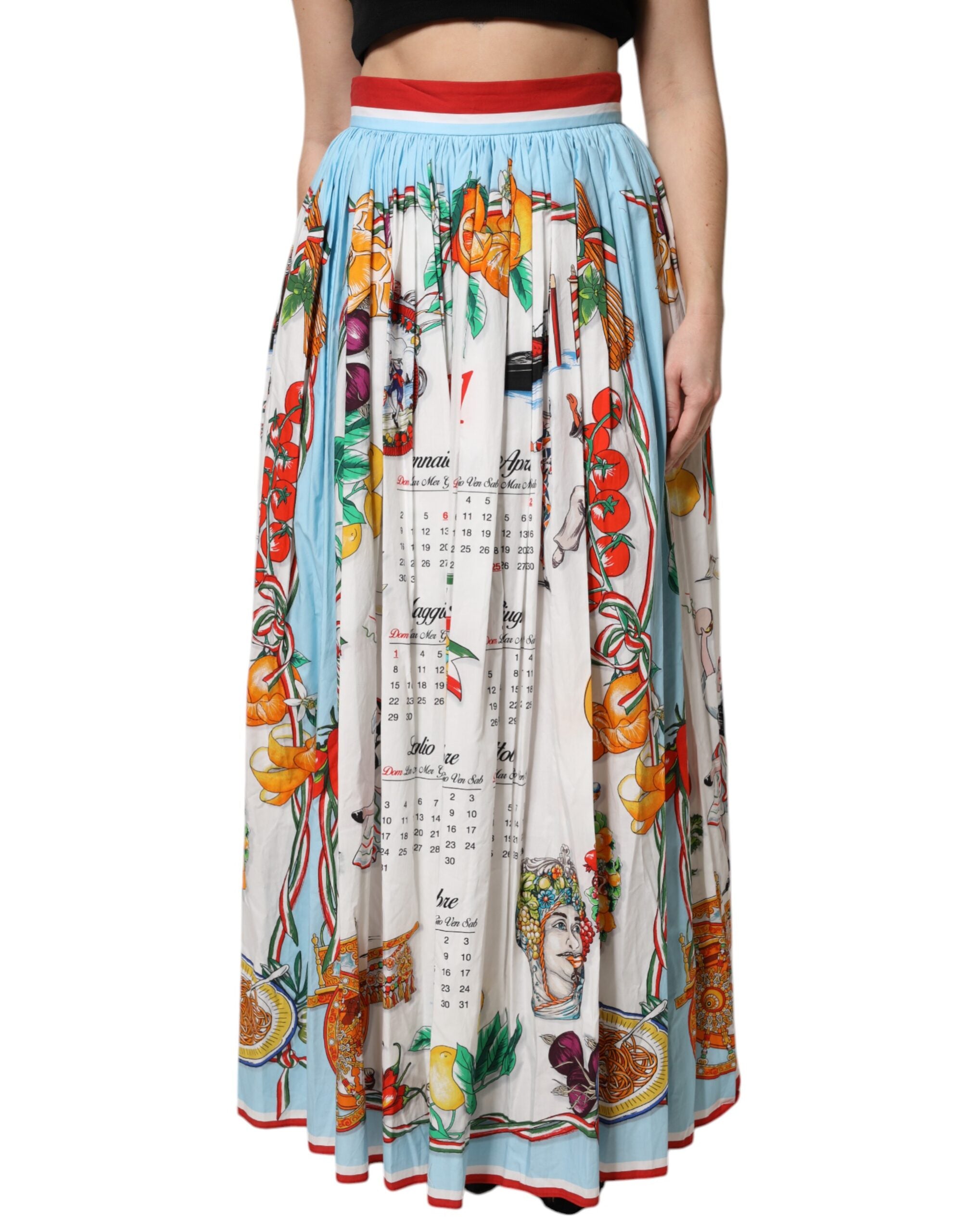 Dolce & Gabbana White Calendar Print Cotton Gathered Maxi Skirt Dolce & Gabbana