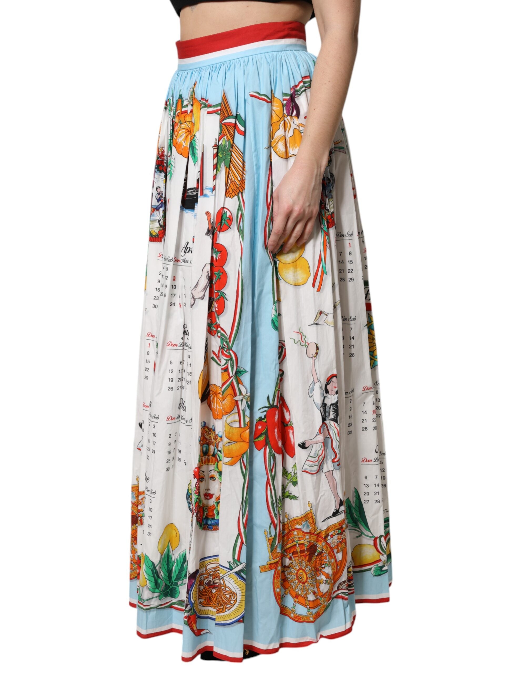 Dolce & Gabbana White Calendar Print Cotton Gathered Maxi Skirt Dolce & Gabbana