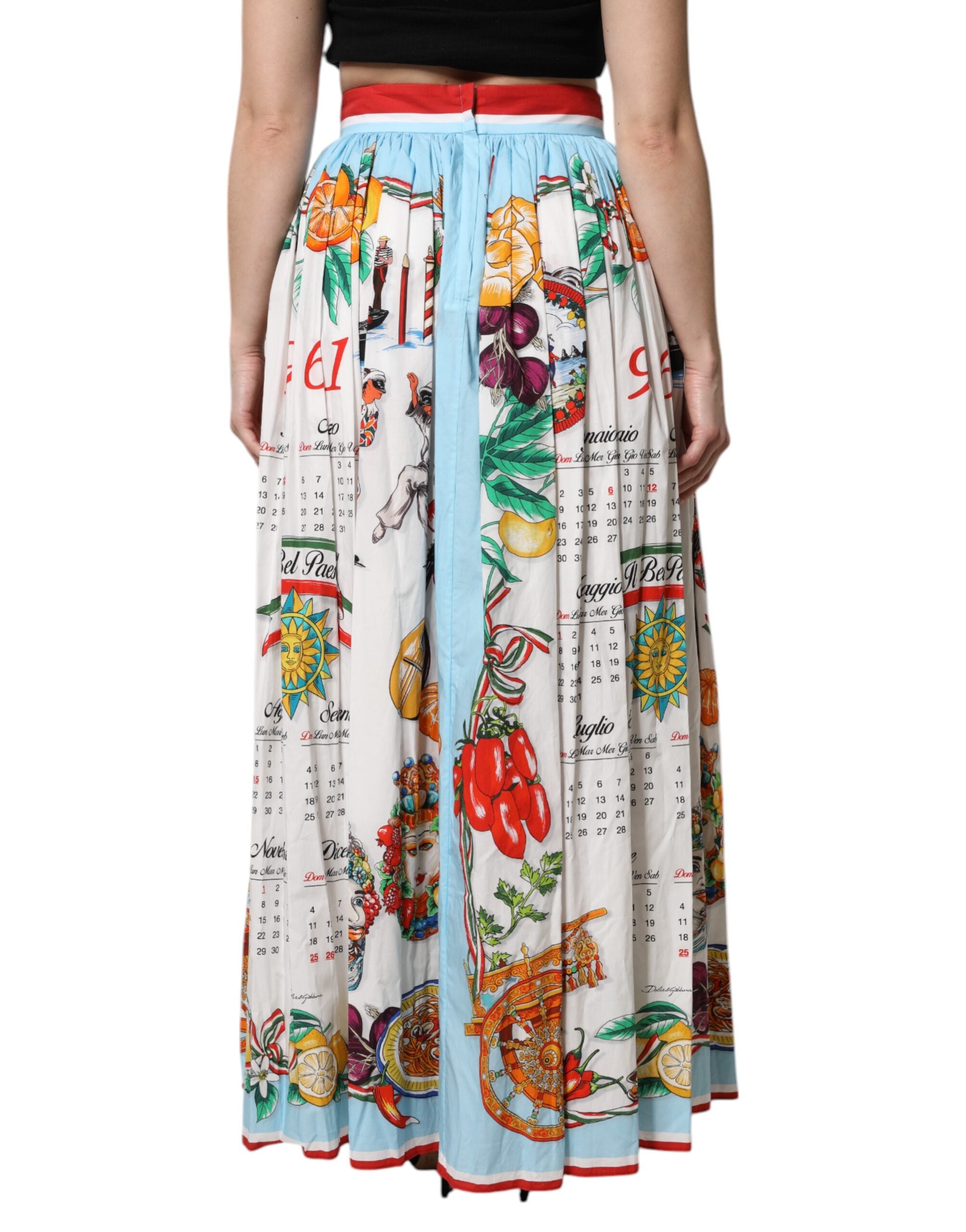 Dolce & Gabbana White Calendar Print Cotton Gathered Maxi Skirt Dolce & Gabbana