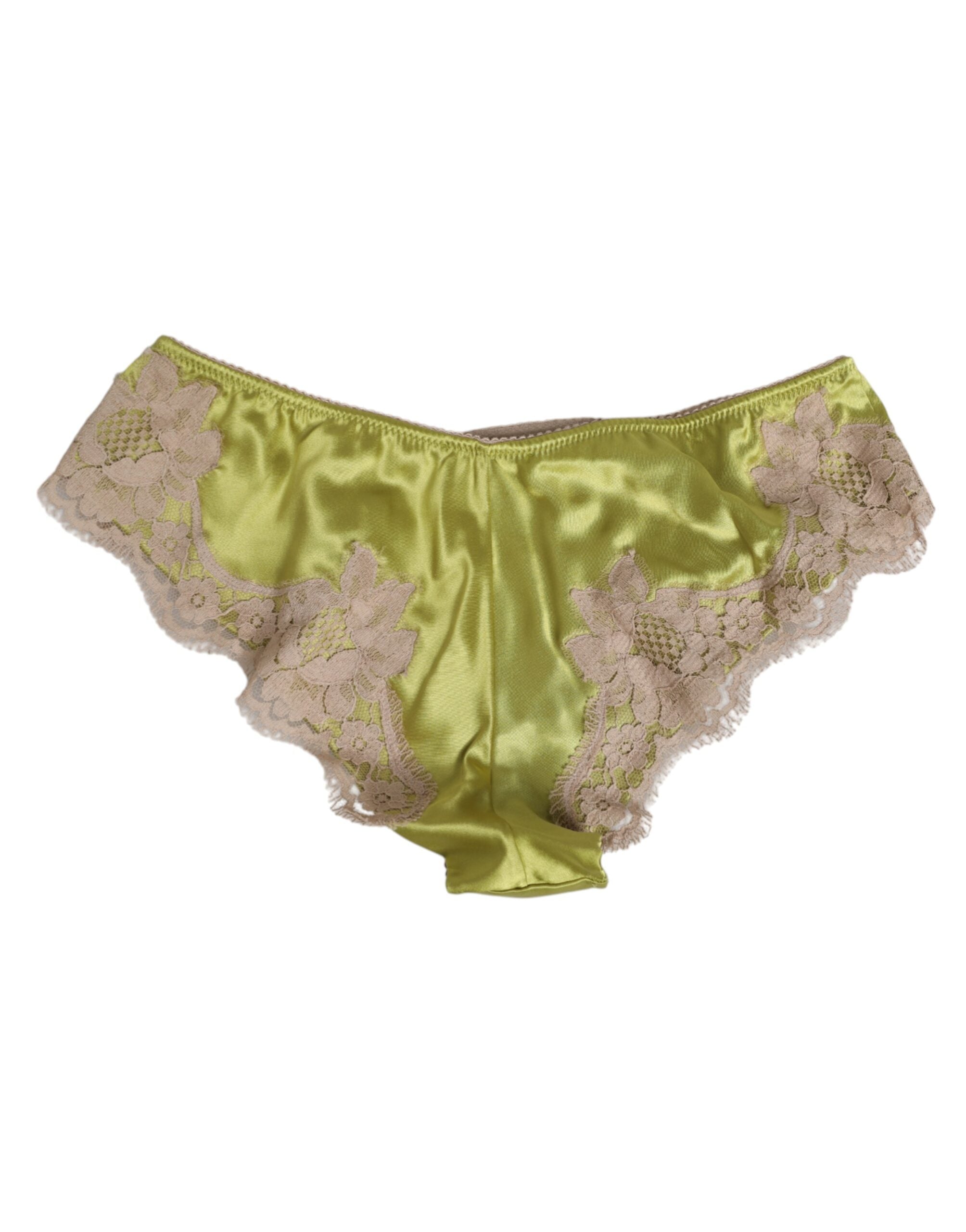 Dolce & Gabbana Green Silk Satin Floral Lace Trim Panty Underwear Dolce & Gabbana