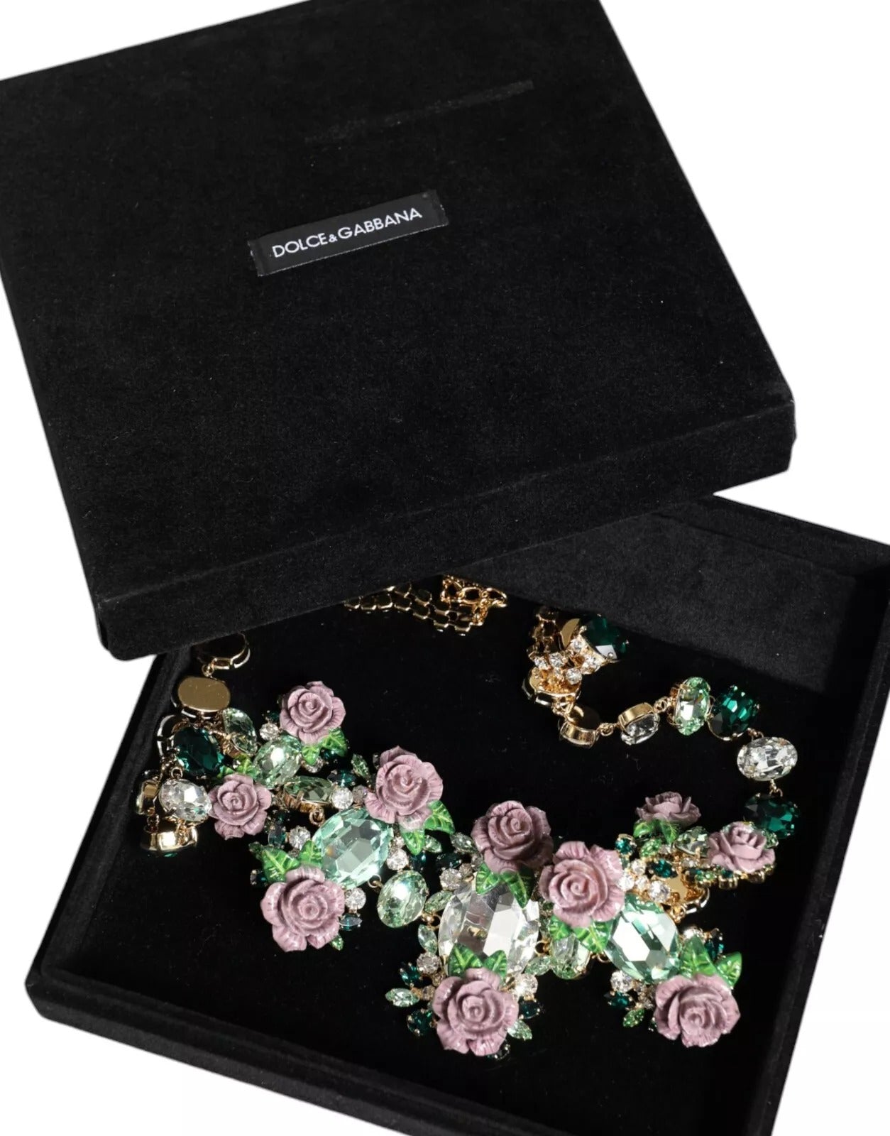 Dolce & Gabbana Gold Brass Link Chain Rose Petal Crystal Necklace Dolce & Gabbana
