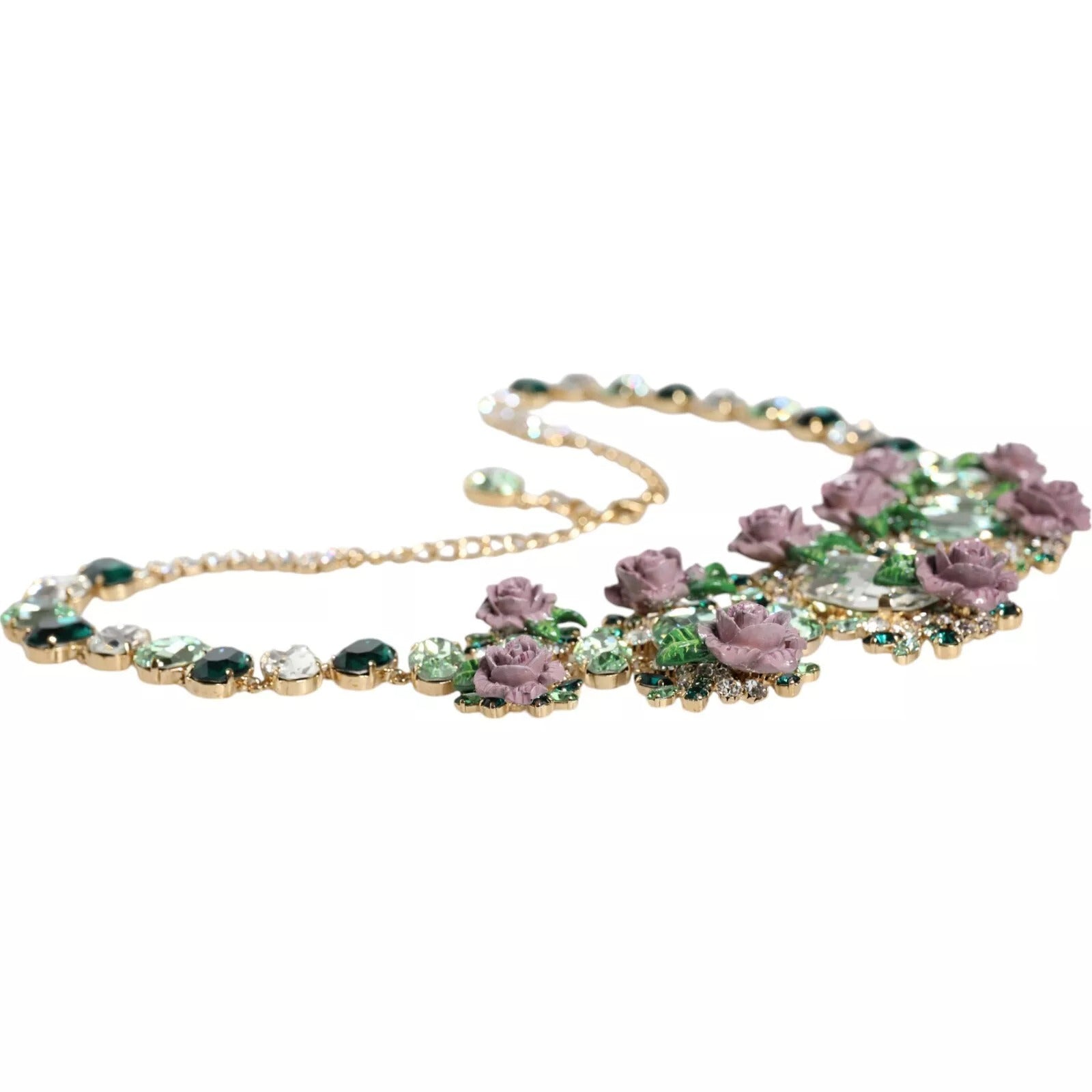 Dolce & Gabbana Gold Brass Link Chain Rose Petal Crystal Necklace Dolce & Gabbana