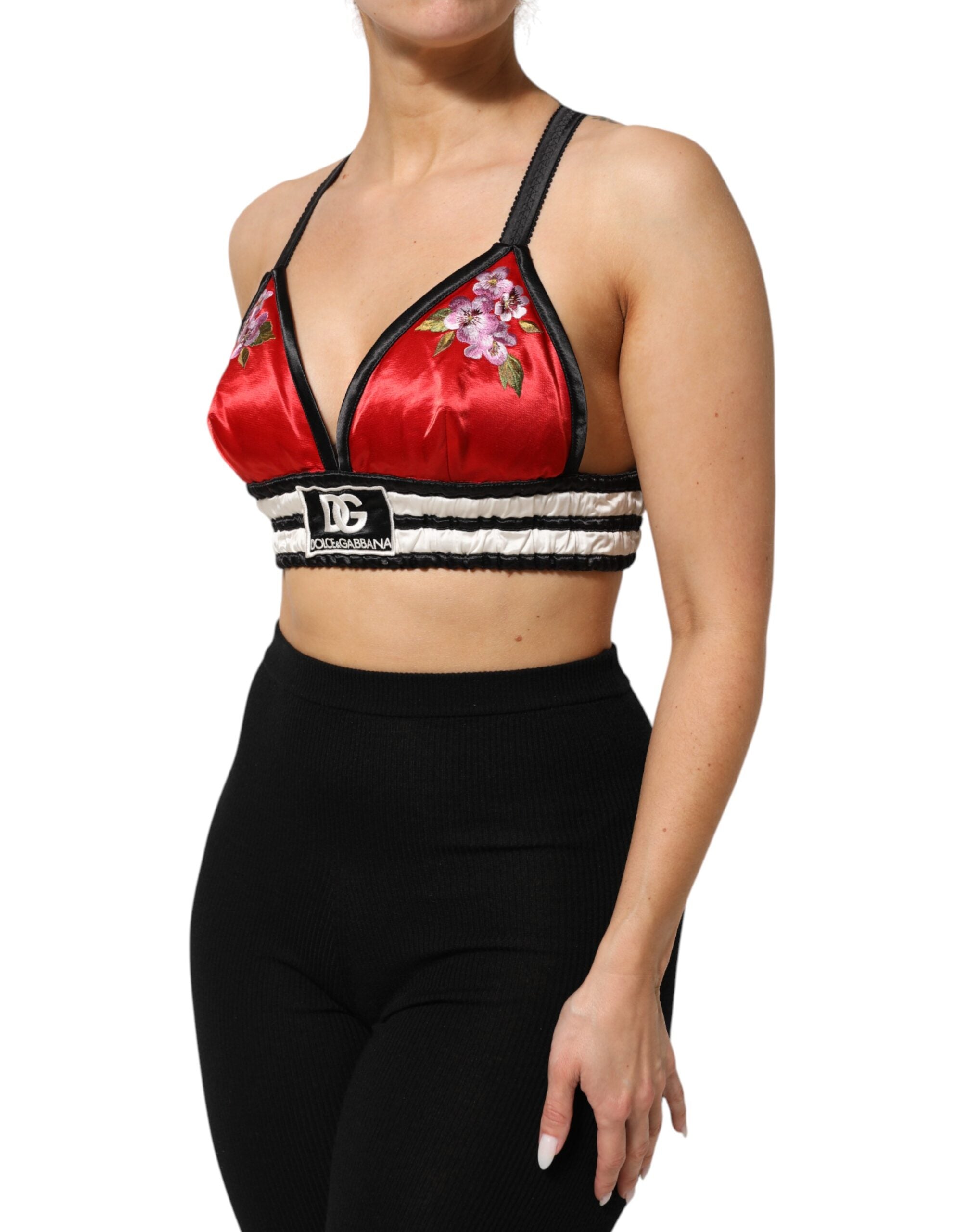 Dolce & Gabbana Red Satin Floral Embroidered Bralette Crop Top Dolce & Gabbana
