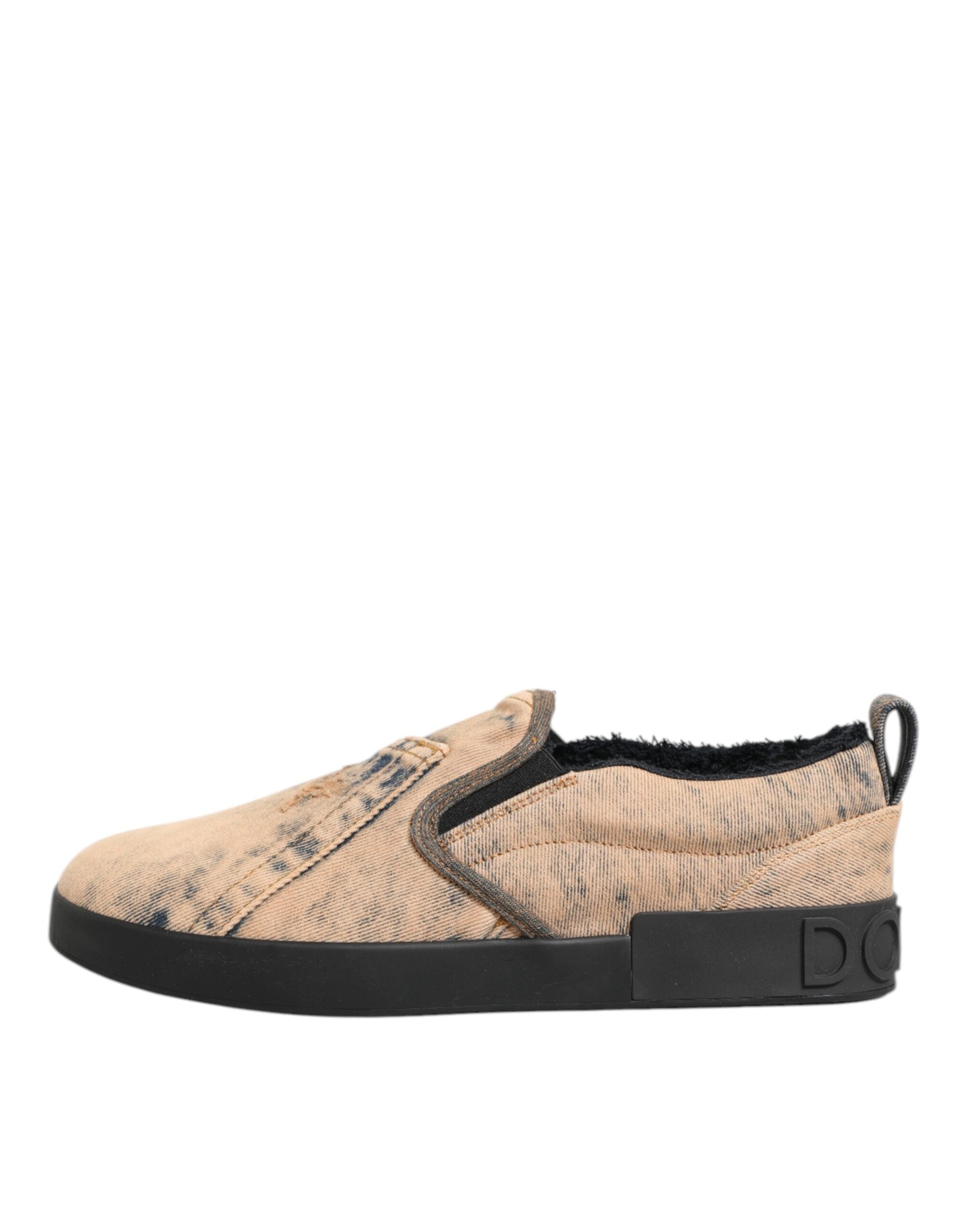 Dolce & Gabbana Beige Cotton Low Top Slip On Sneakers Shoes Dolce & Gabbana