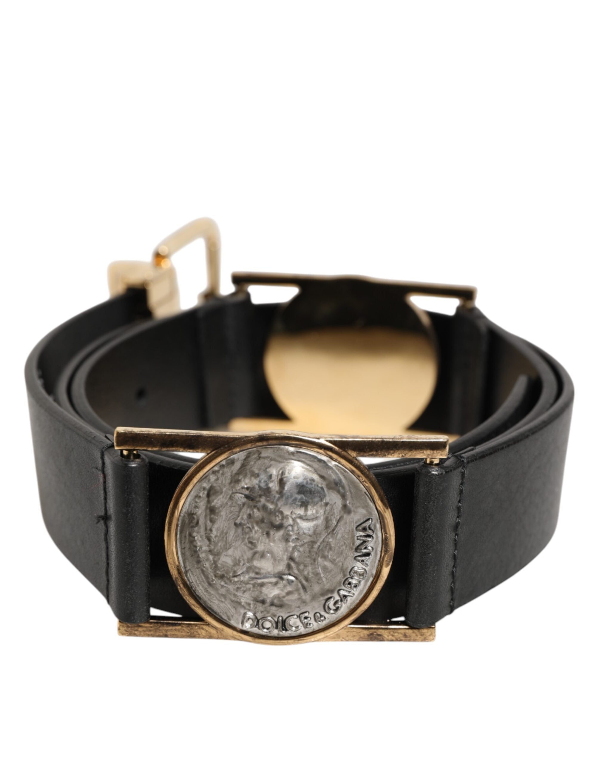 Dolce & Gabbana Black Leather Gold Silver Coin Buckle Belt Dolce & Gabbana