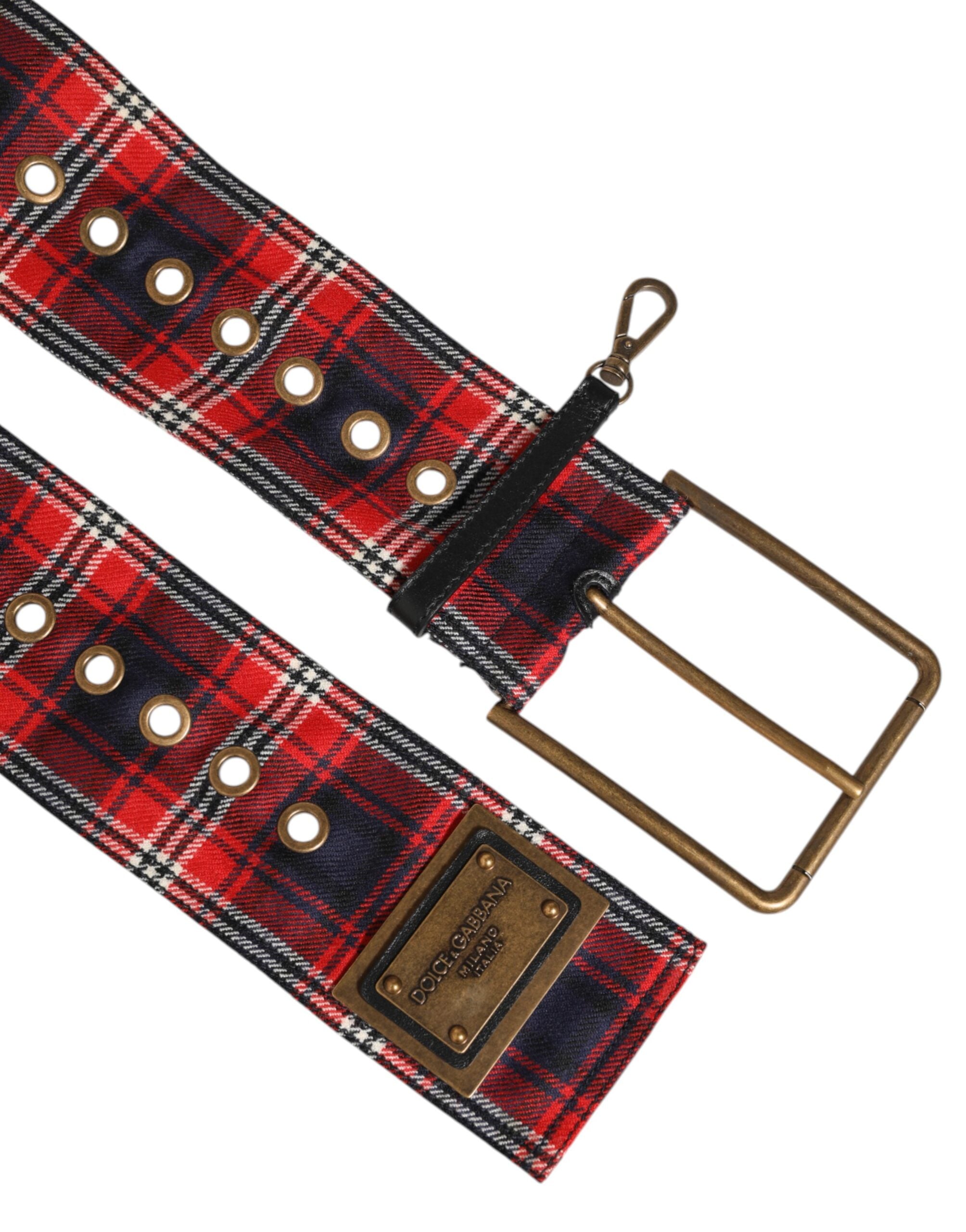 Dolce & Gabbana Red Plaid Fabric Logo Plate Brass Buckle Belt Dolce & Gabbana
