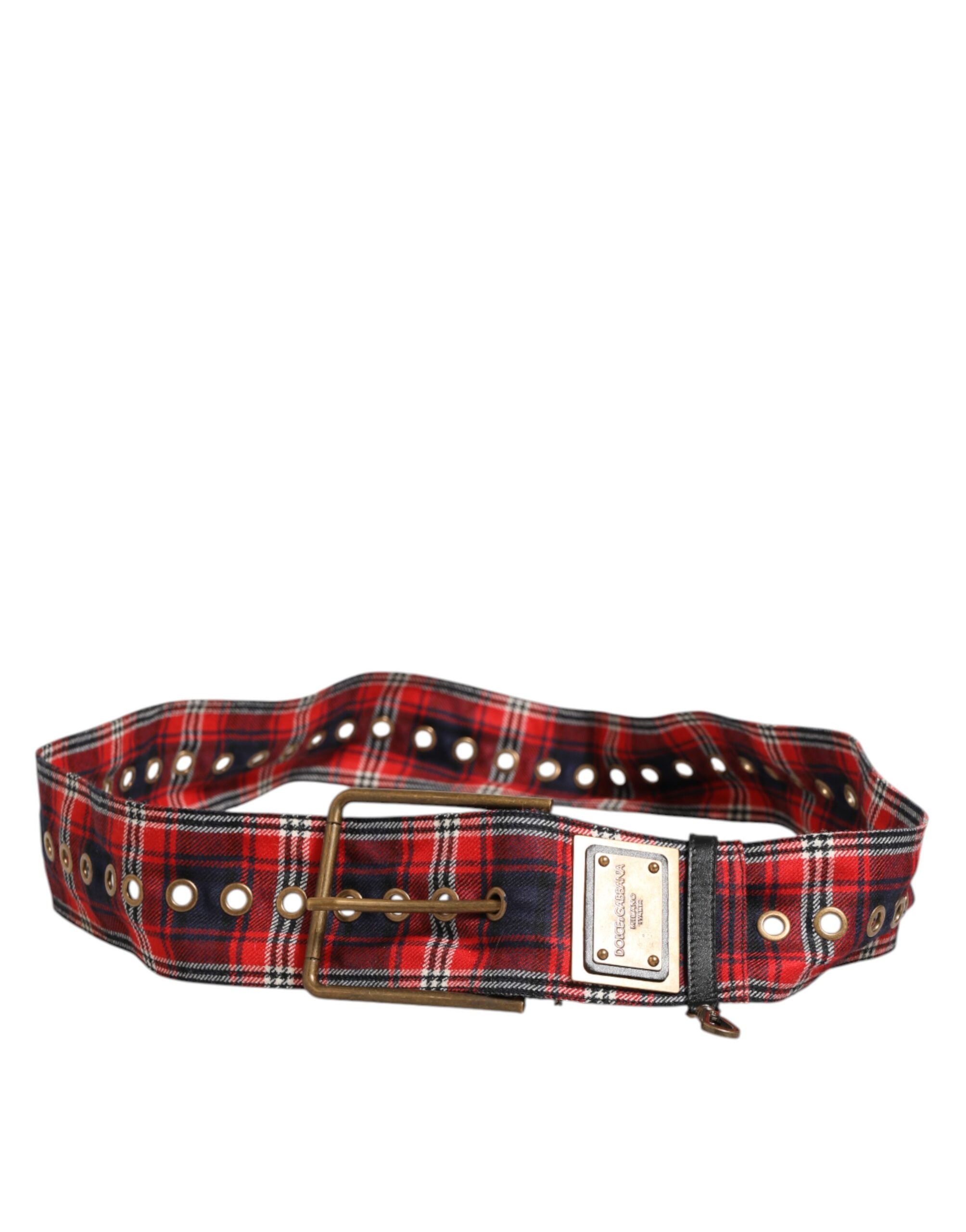 Dolce & Gabbana Red Plaid Fabric Logo Plate Brass Buckle Belt Dolce & Gabbana