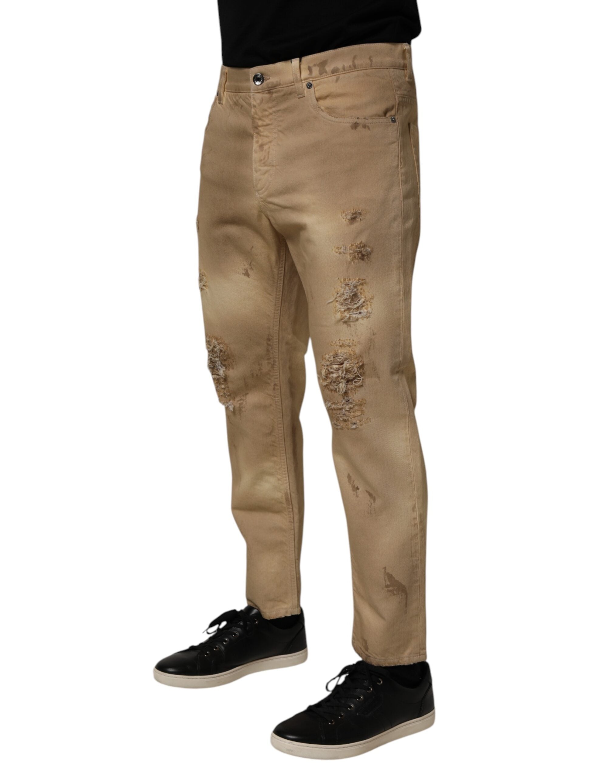 Dolce & Gabbana Beige Cotton Loose Tattered Men Denim Jeans Dolce & Gabbana
