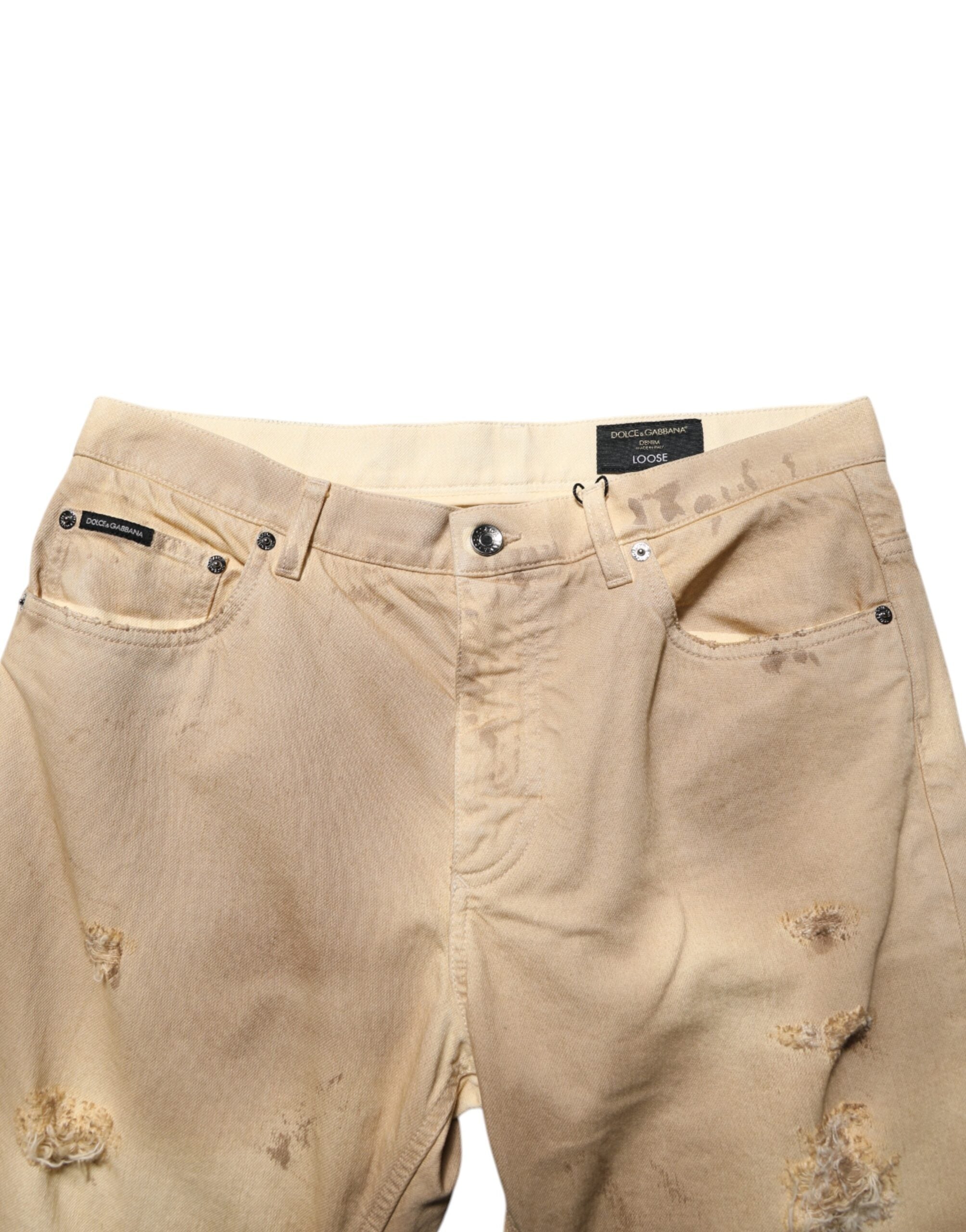 Dolce & Gabbana Beige Cotton Loose Tattered Men Denim Jeans Dolce & Gabbana