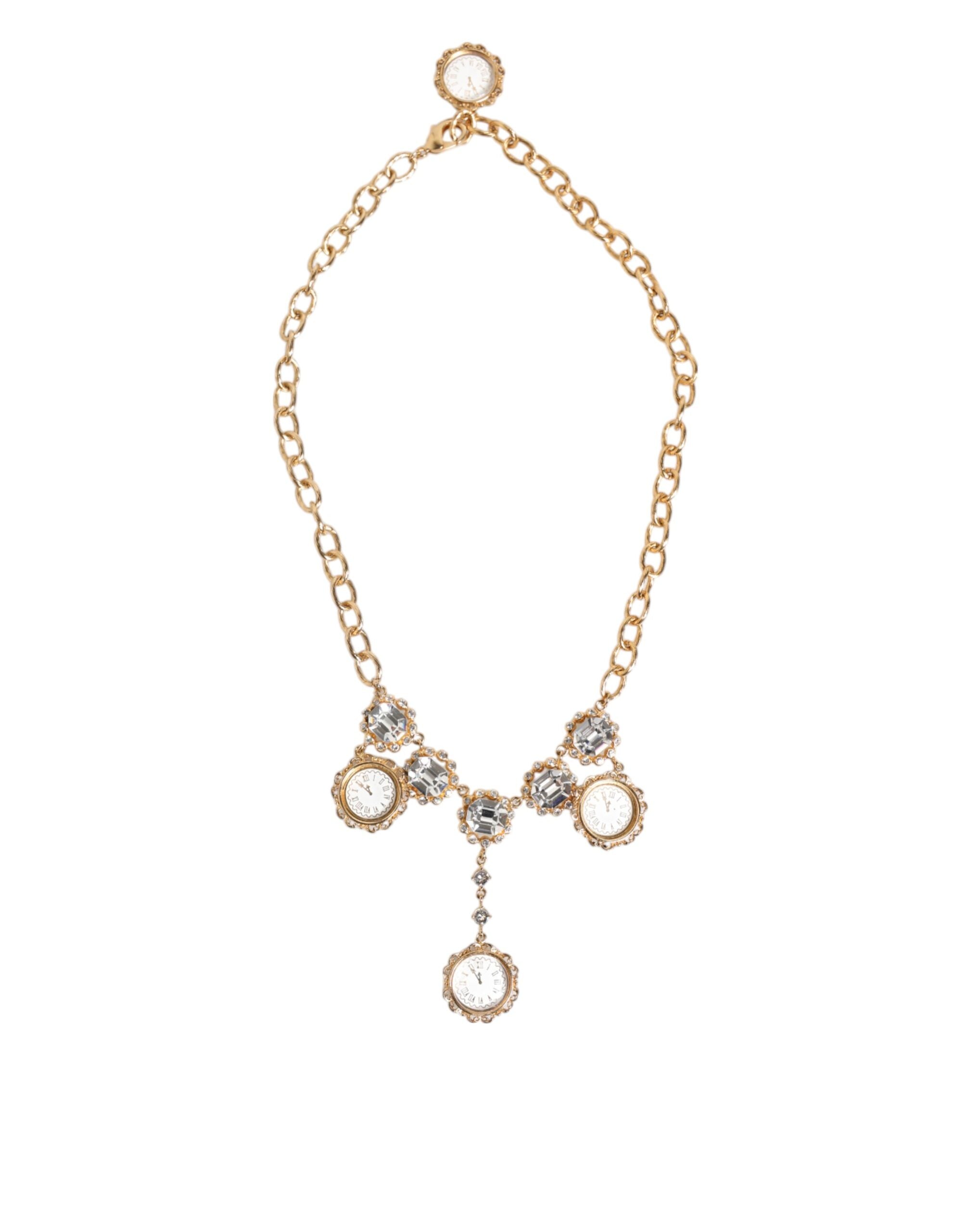 Dolce & Gabbana Gold Crystal Clock Pendant Statement Jewelry Necklace Dolce & Gabbana