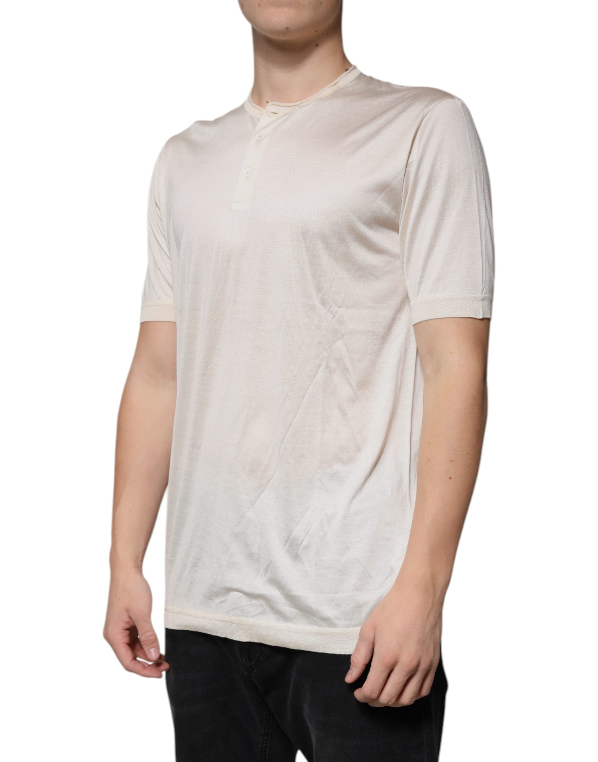 Dolce & Gabbana Off White Silk Henley Short Sleeves T-Shirt Dolce & Gabbana