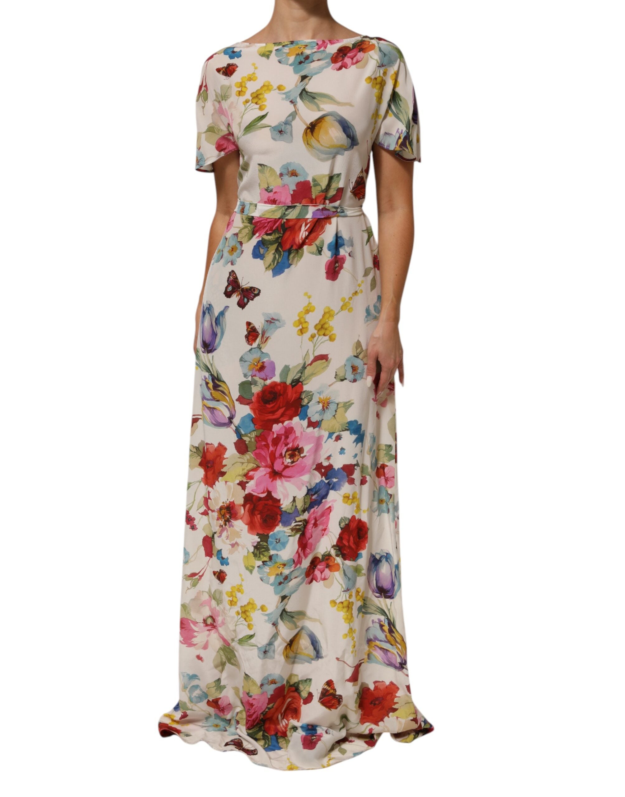 Dolce & Gabbana White Floral Print Silk Sheath LongGown Dress Dolce & Gabbana