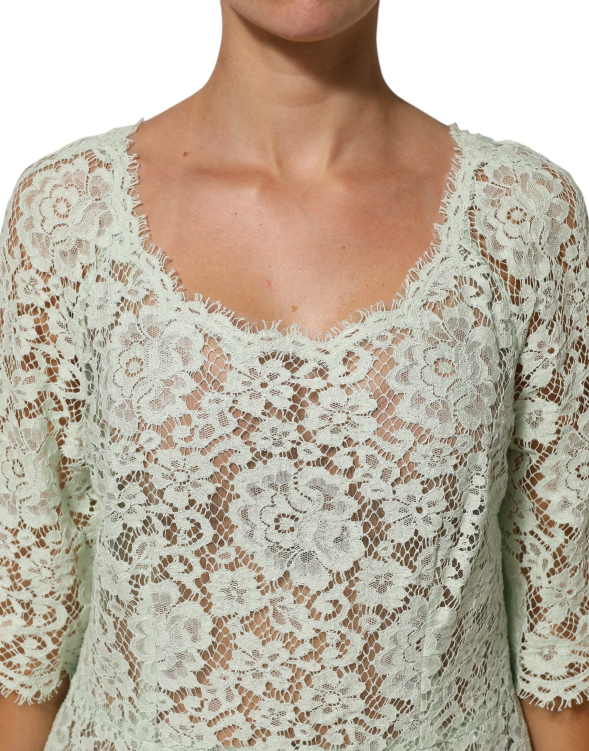 Dolce & Gabbana Mint Green Floral Lace Trim Midi Dress Dolce & Gabbana