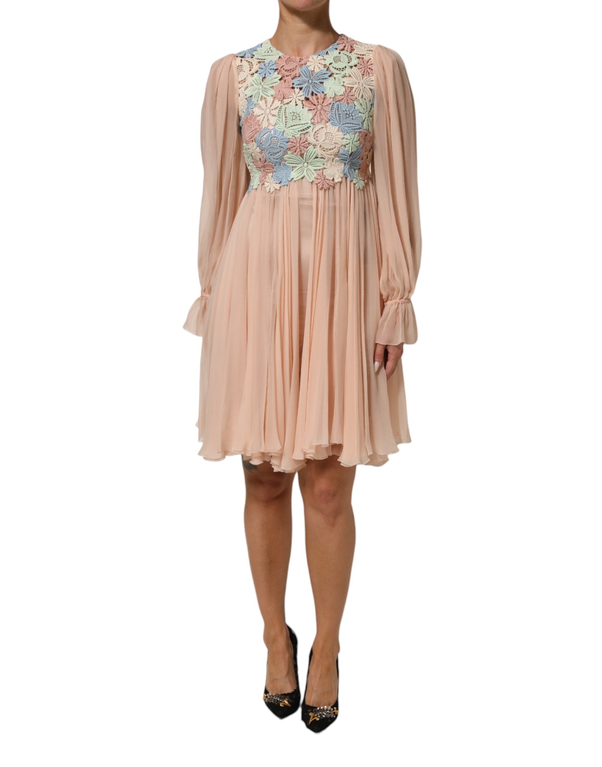 Dolce & Gabbana Pink Floral Embroidery Pleated A-line Dress Dolce & Gabbana