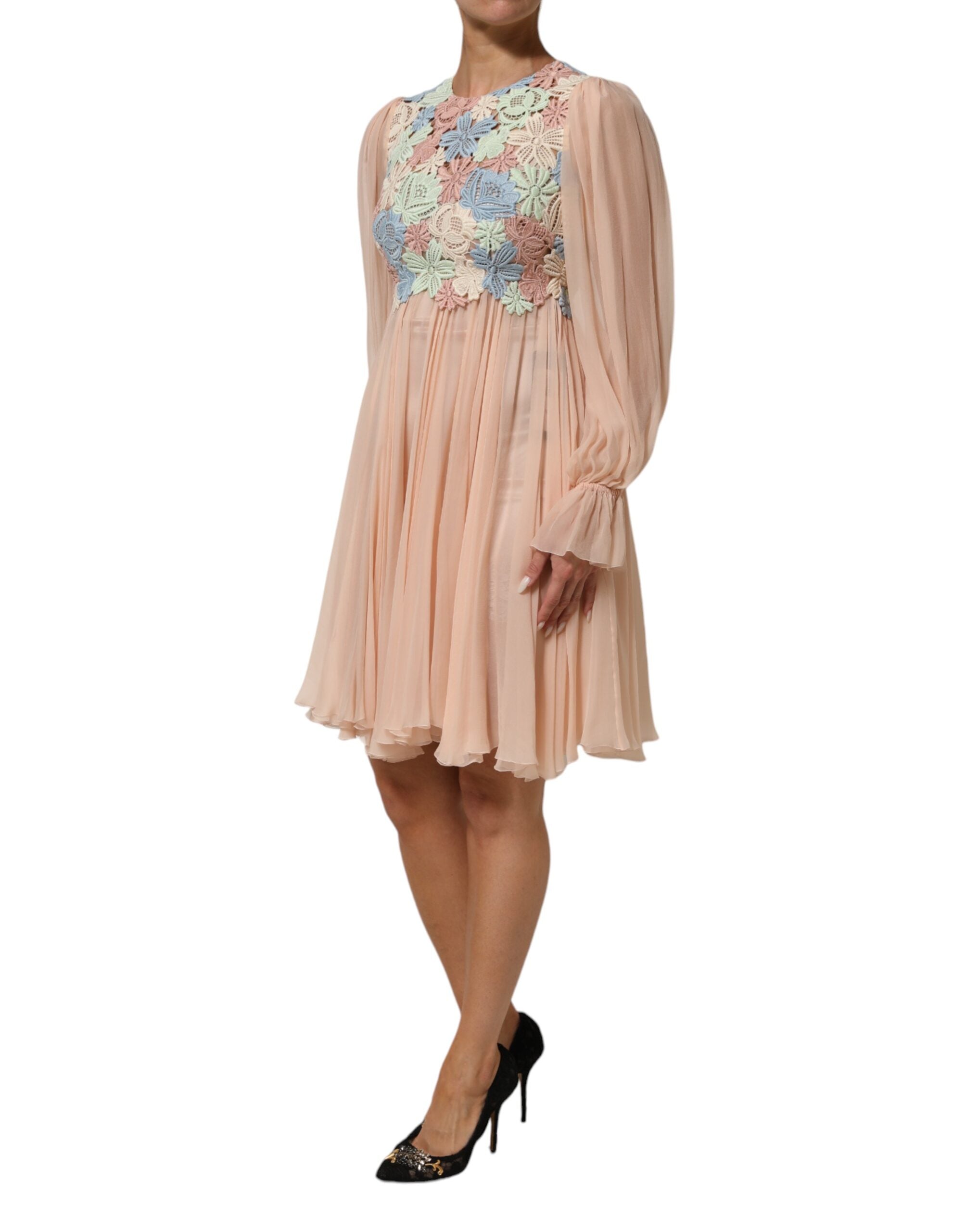 Dolce & Gabbana Pink Floral Embroidery Pleated A-line Dress Dolce & Gabbana