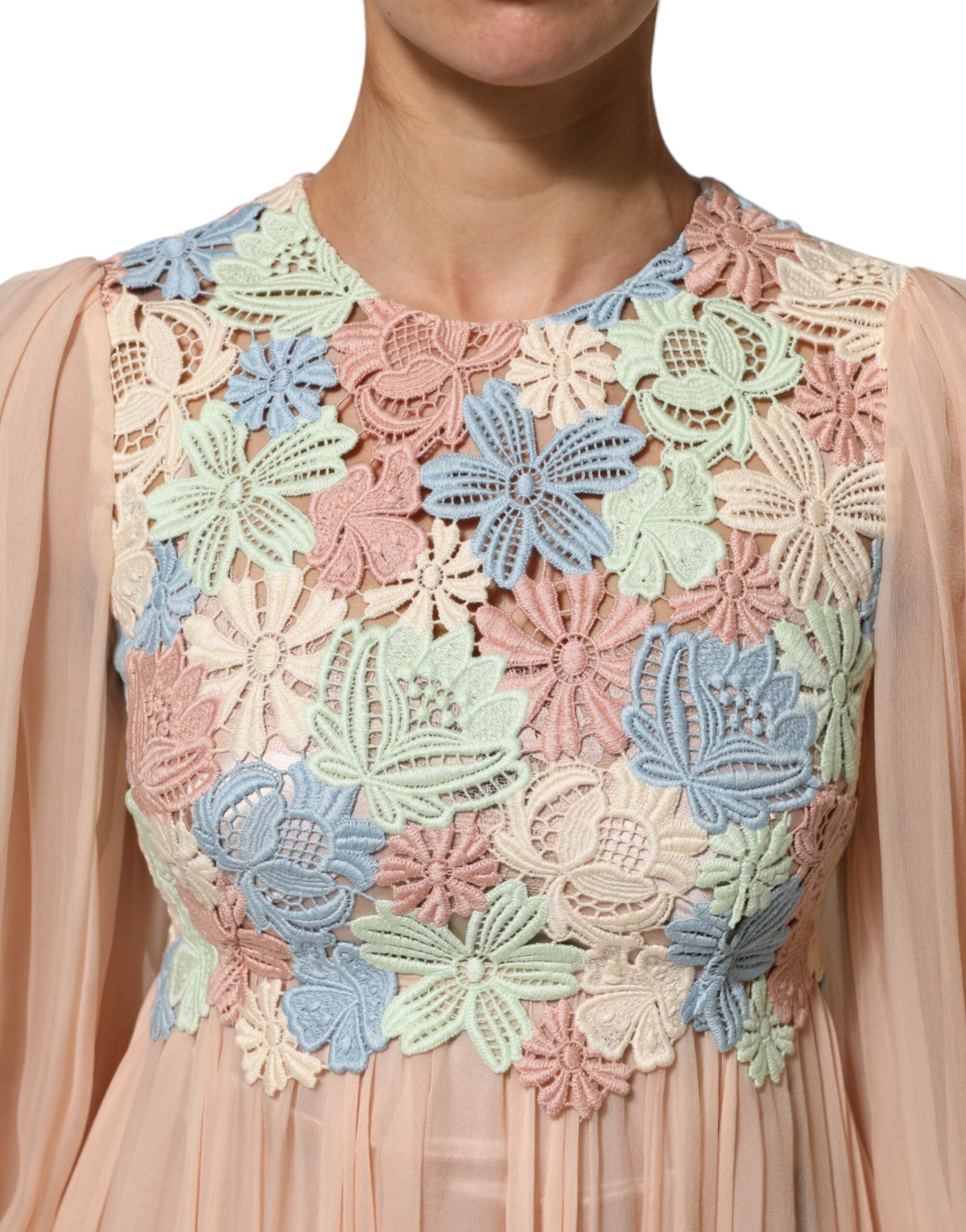 Dolce & Gabbana Pink Floral Embroidery Pleated A-line Dress Dolce & Gabbana