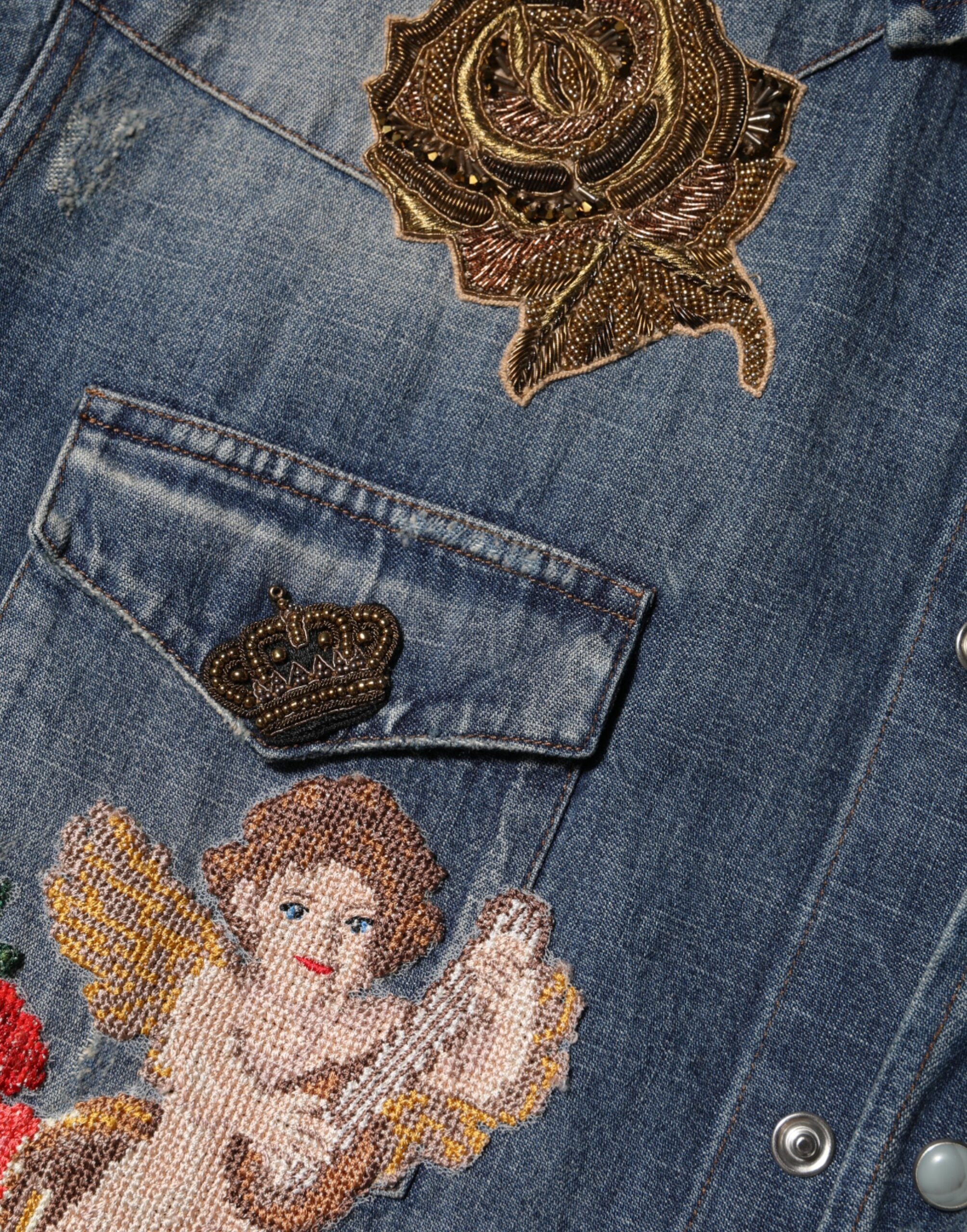 Dolce & Gabbana Blue Angel Patch Denim Buttoned Down Men Shirt Dolce & Gabbana