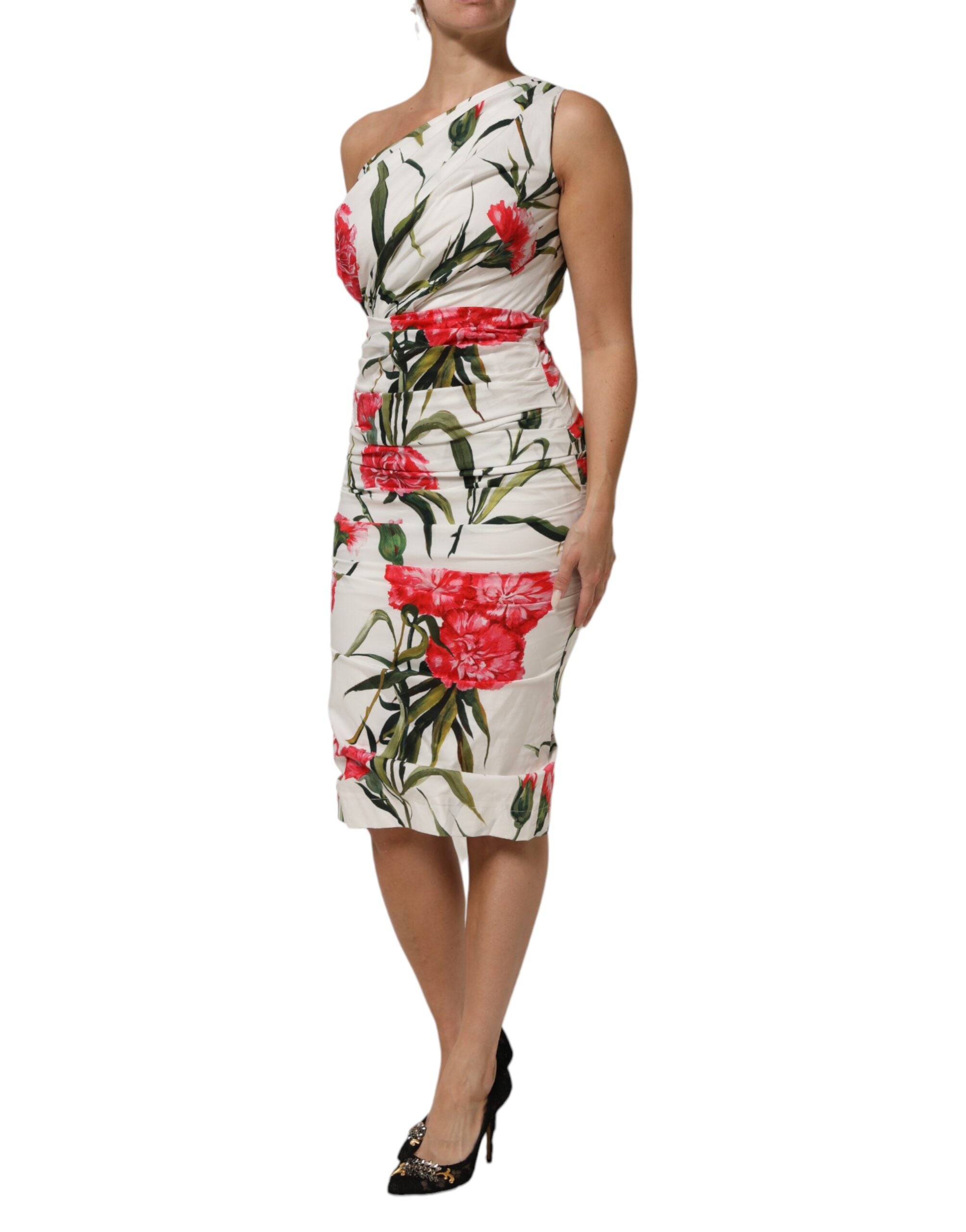 Dolce & Gabbana White Floral One Shoulder Sheath Dress Dolce & Gabbana