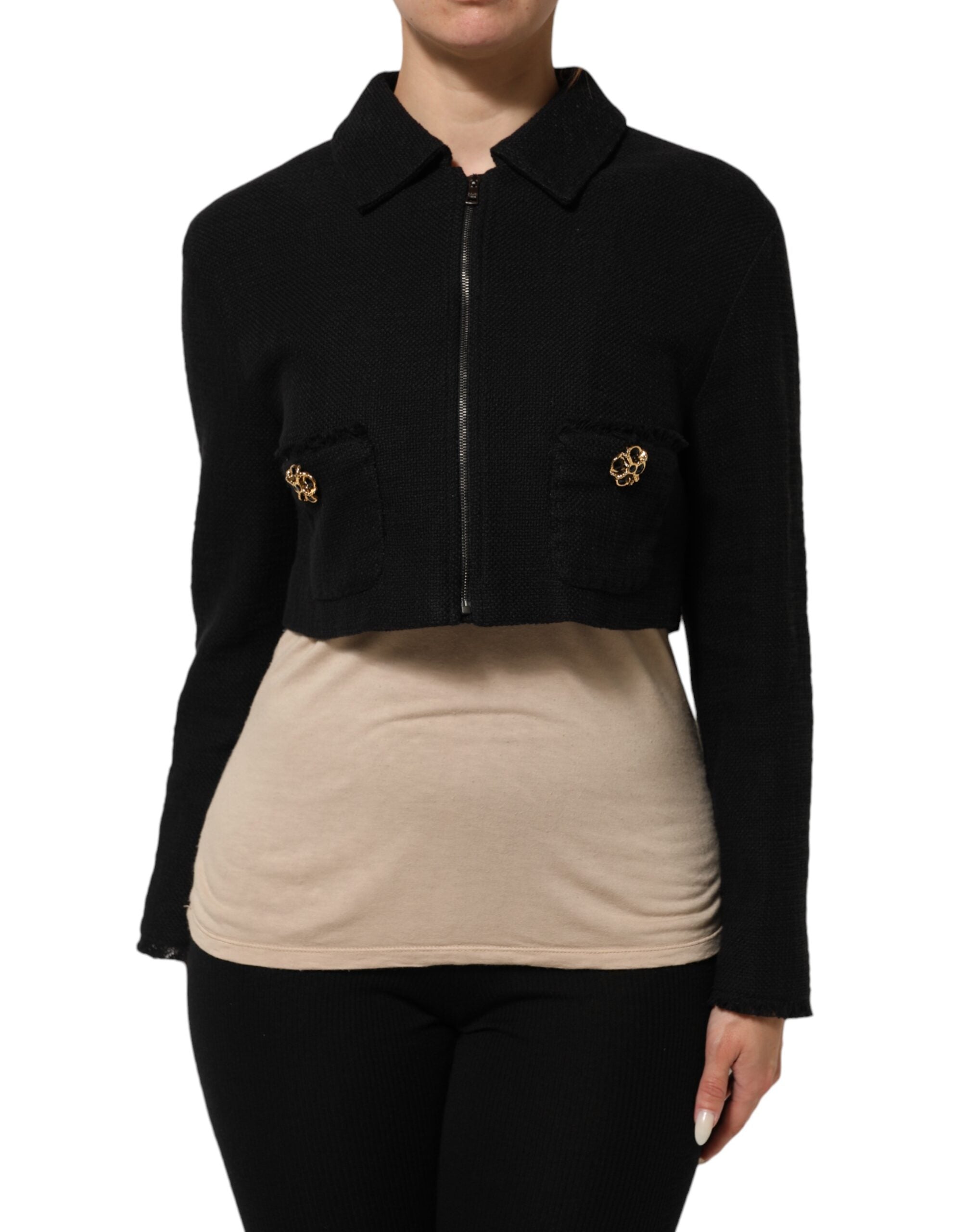 Dolce & Gabbana Black Cotton Full Zip Cropped Coat Jacket Dolce & Gabbana