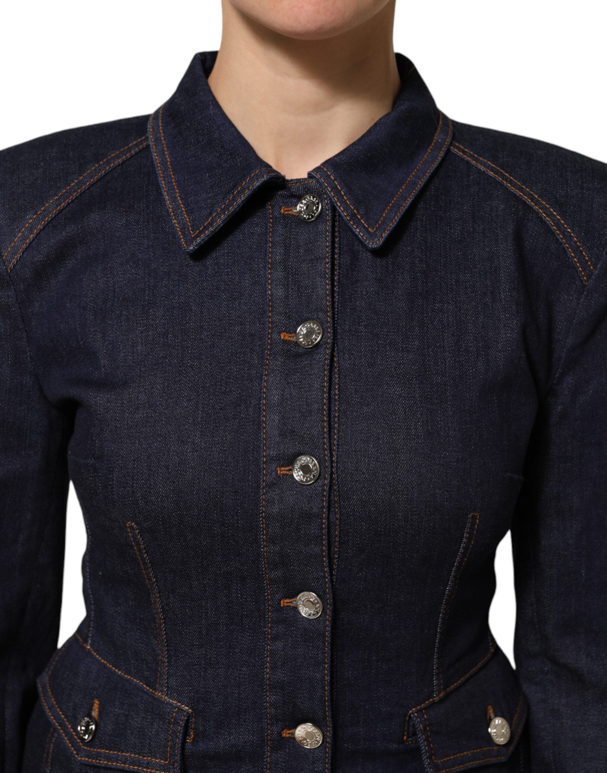 Dolce & Gabbana Dark Blue Cotton Collared Denim Coat Jacket Dolce & Gabbana