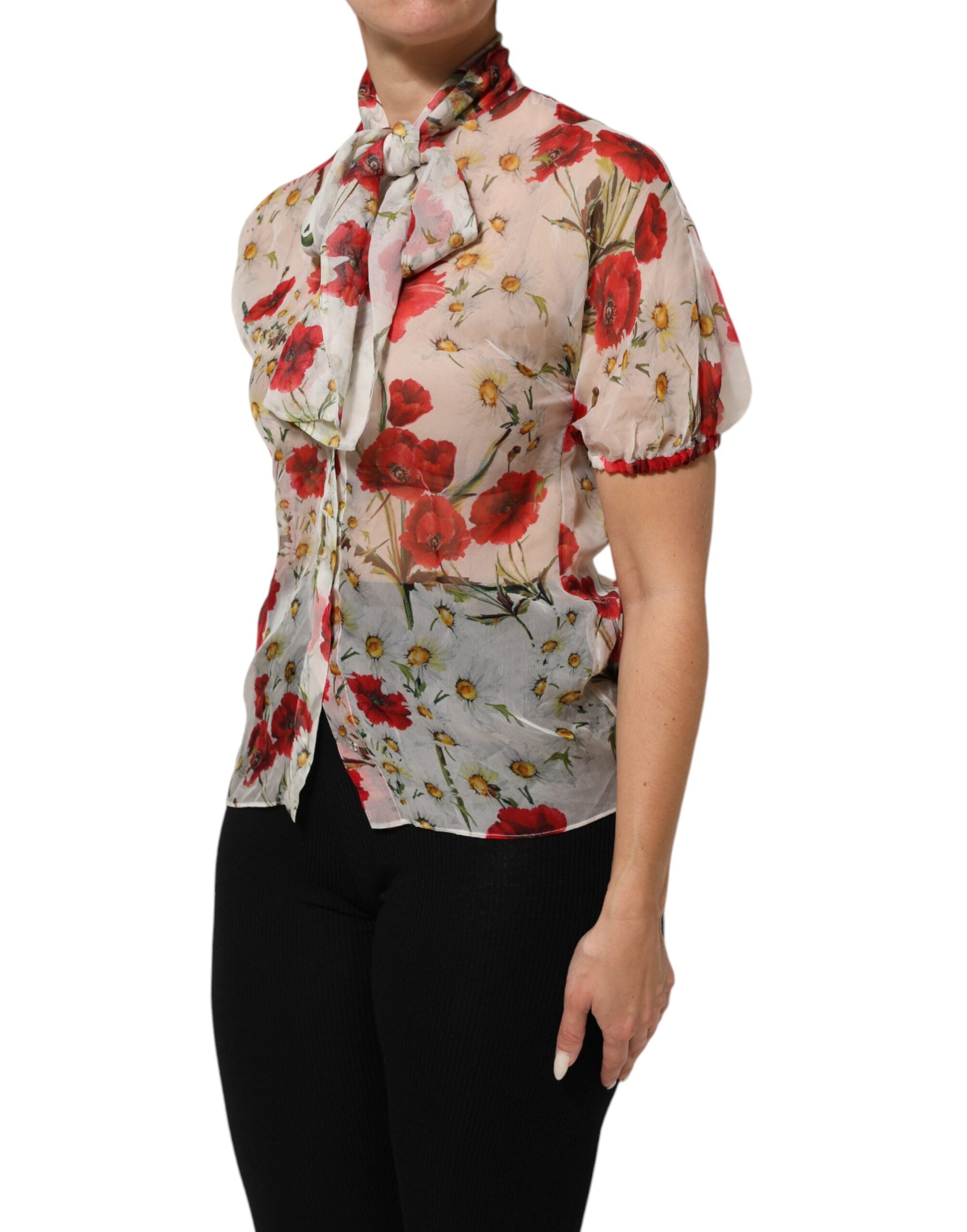 Dolce & Gabbana White Floral Tie-Neck Poppy Print Blouse Top Dolce & Gabbana