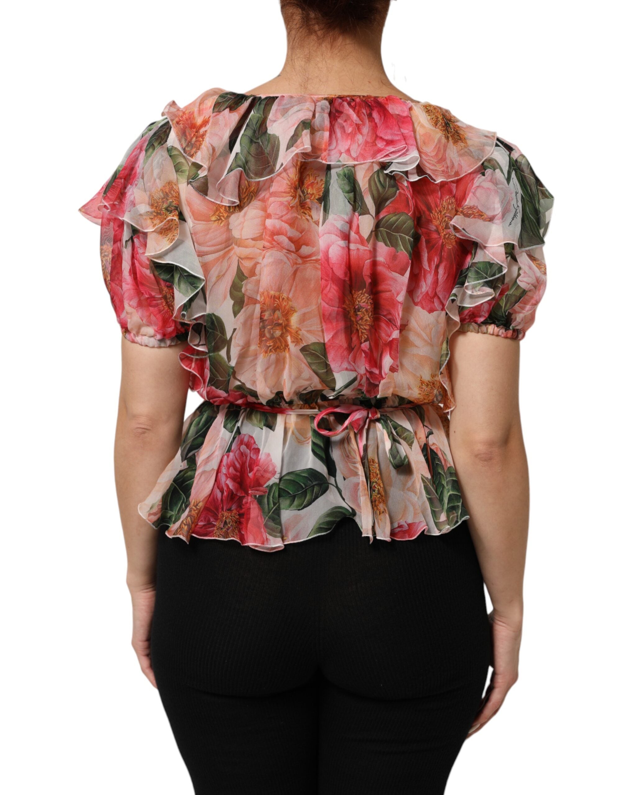 Dolce & Gabbana Pink Camellias Printed Silk V-neck Blouse Top Dolce & Gabbana