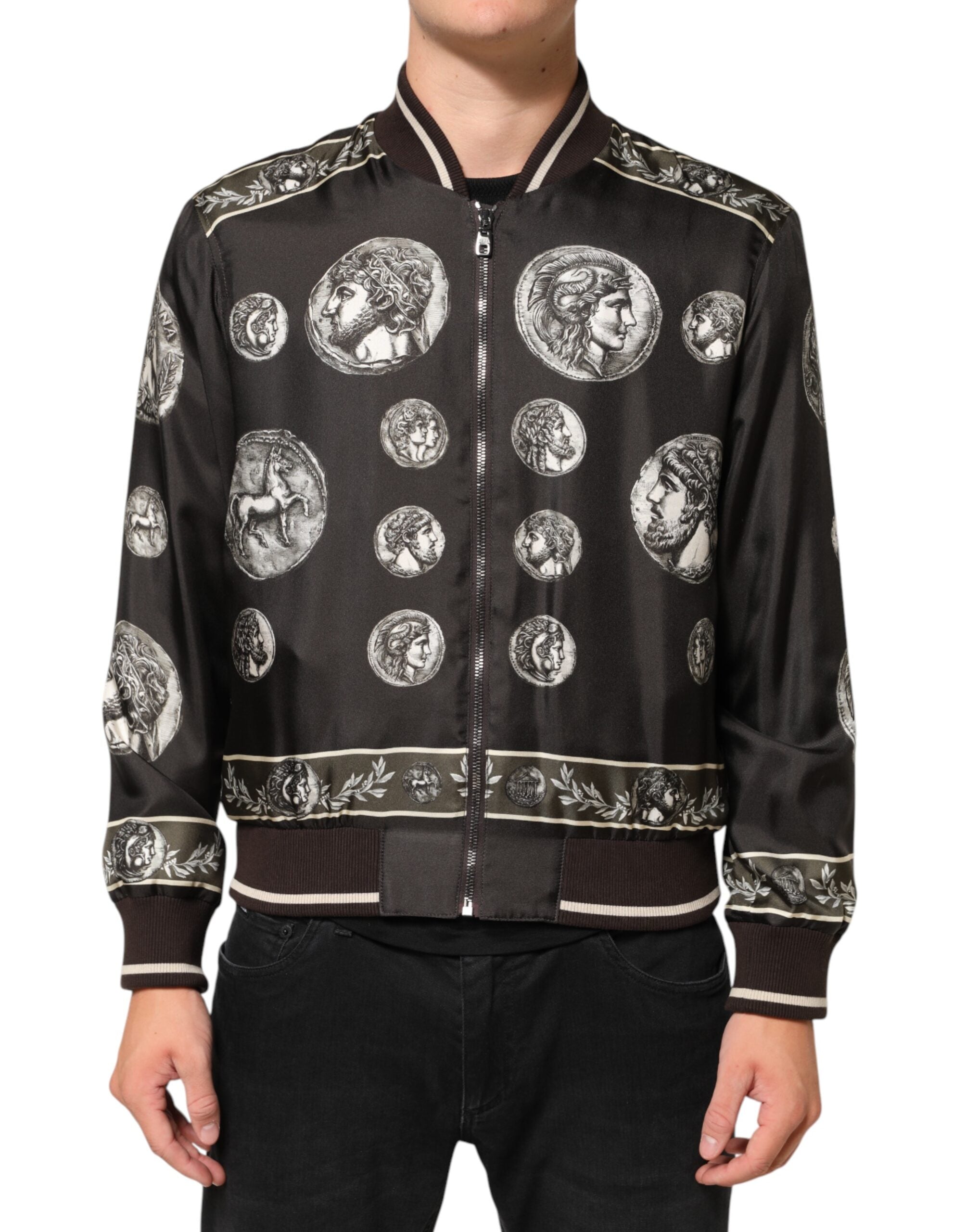 Dolce & Gabbana Black "Monete" Coin Print Silk Bomber Jacket Dolce & Gabbana