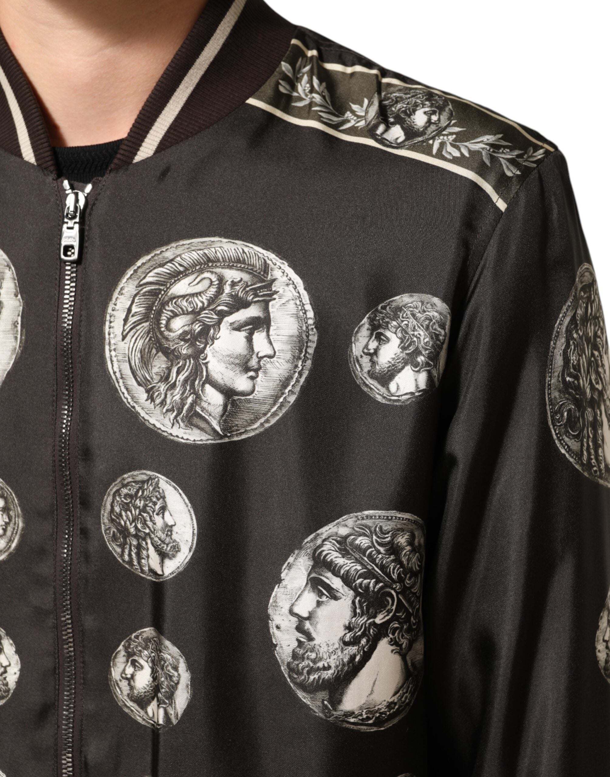 Dolce & Gabbana Black "Monete" Coin Print Silk Bomber Jacket Dolce & Gabbana