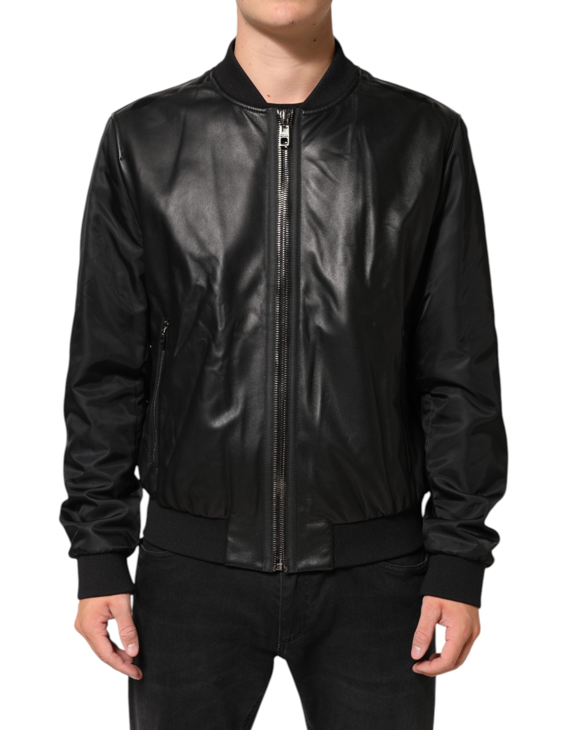 Dolce & Gabbana Black Leather Nylon FullZip Blouson Jacket Dolce & Gabbana