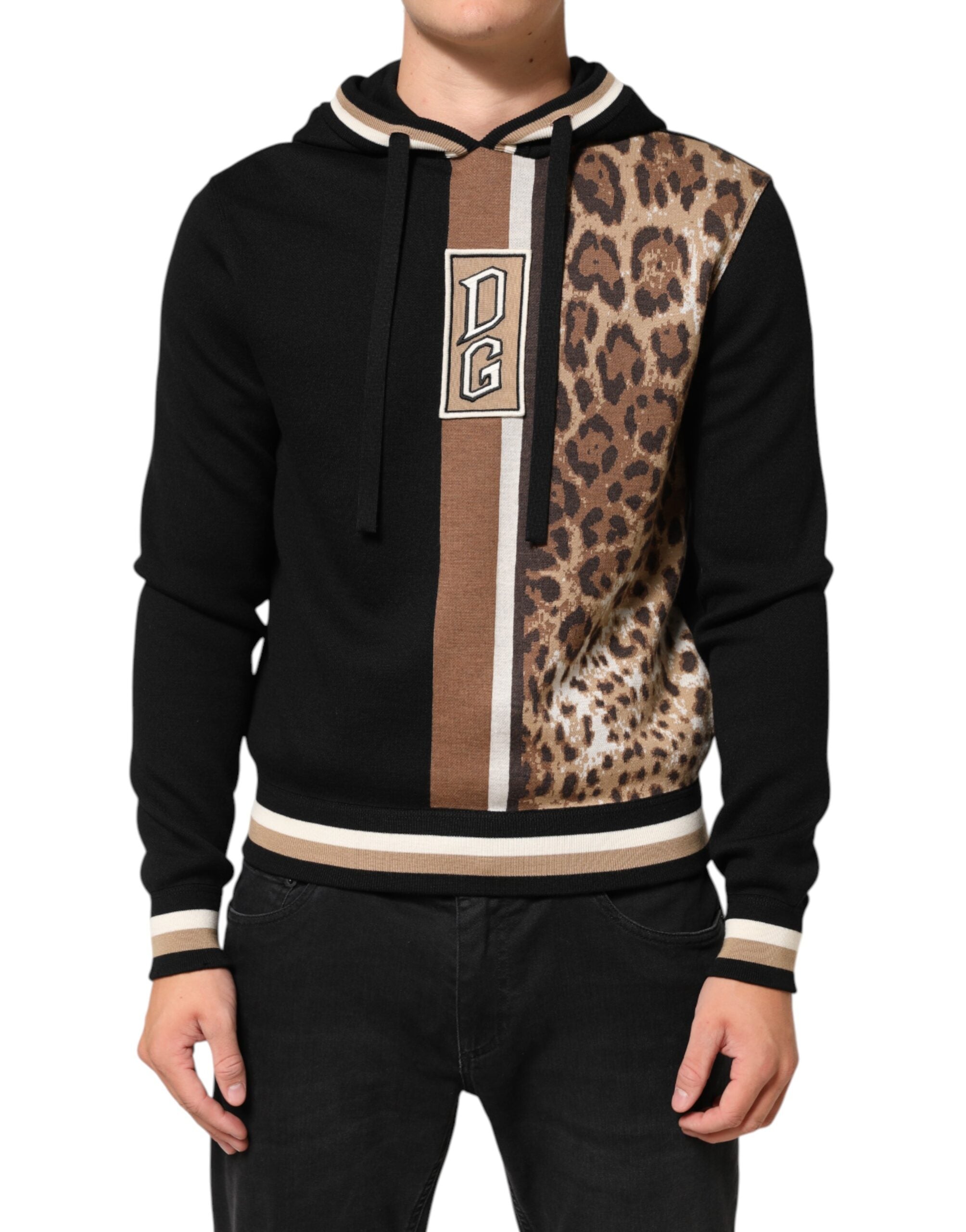 Dolce & Gabbana Black Leopard Logo Hooded Sweatshirt Sweater Dolce & Gabbana