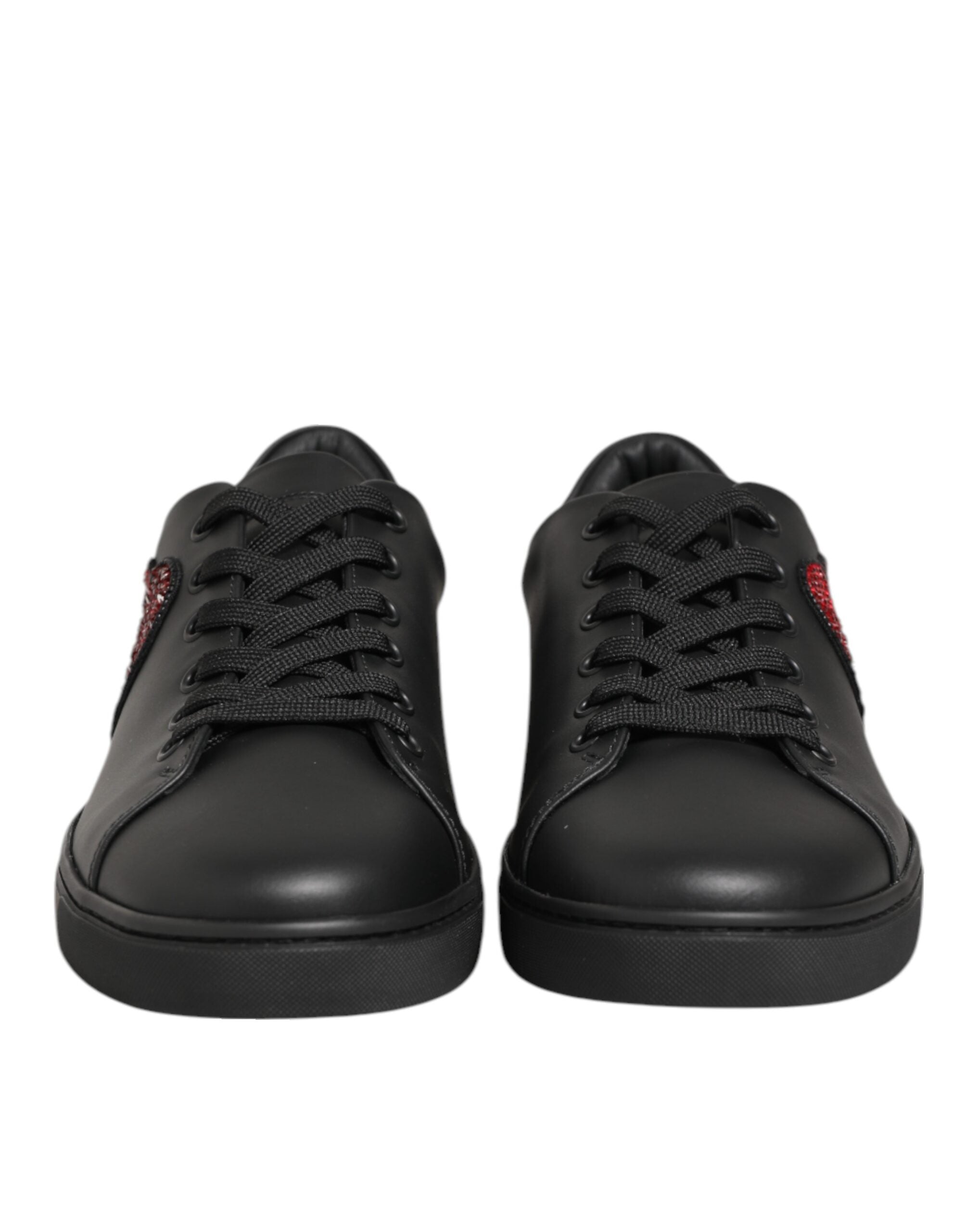 Dolce & Gabbana Black Leather Crystal Heart Sneakers Shoes Dolce & Gabbana