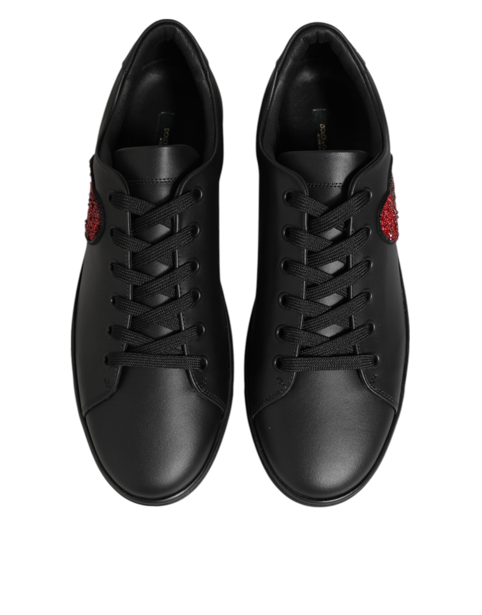 Dolce & Gabbana Black Leather Crystal Heart Sneakers Shoes Dolce & Gabbana