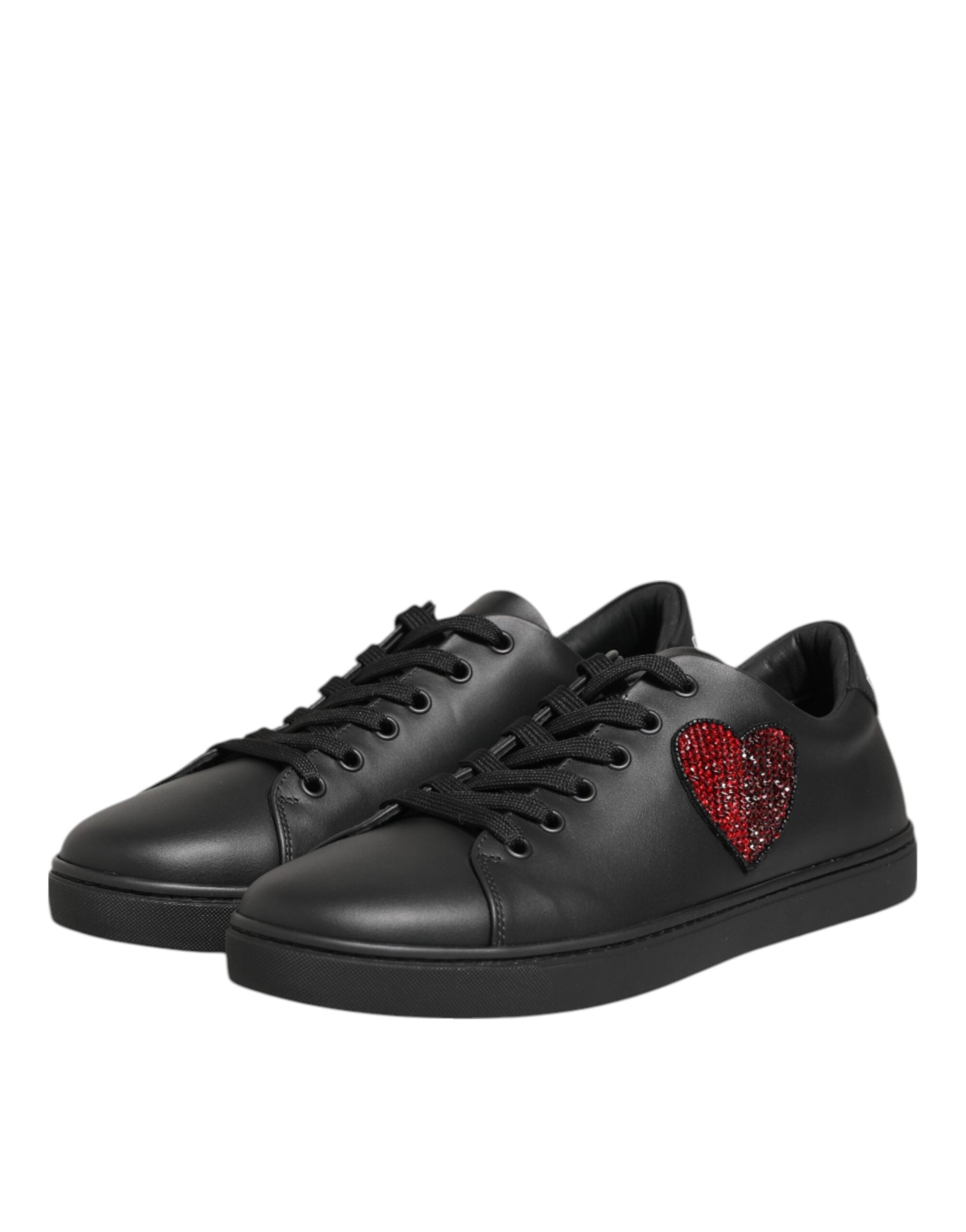 Dolce & Gabbana Black Leather Crystal Heart Sneakers Shoes Dolce & Gabbana