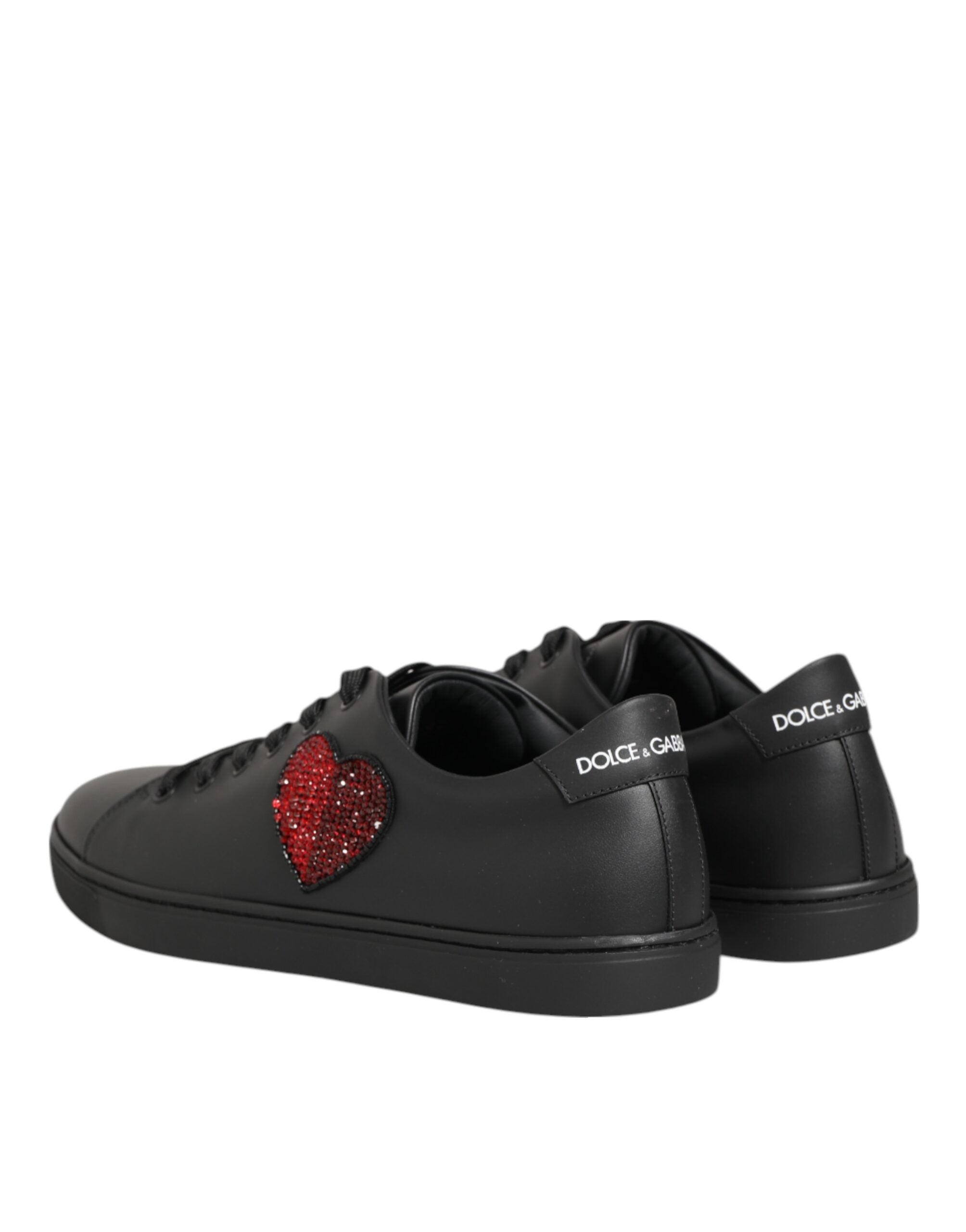 Dolce & Gabbana Black Leather Crystal Heart Sneakers Shoes Dolce & Gabbana