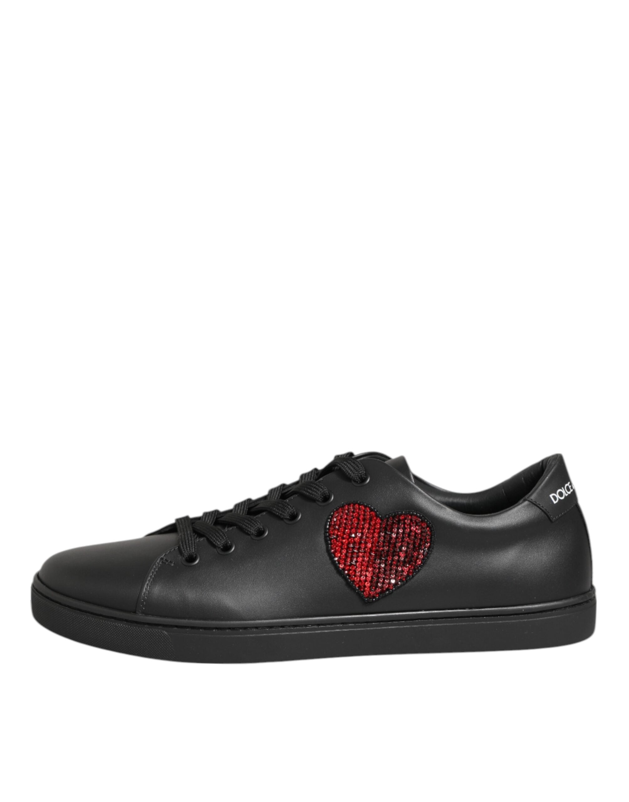 Dolce & Gabbana Black Leather Crystal Heart Sneakers Shoes Dolce & Gabbana