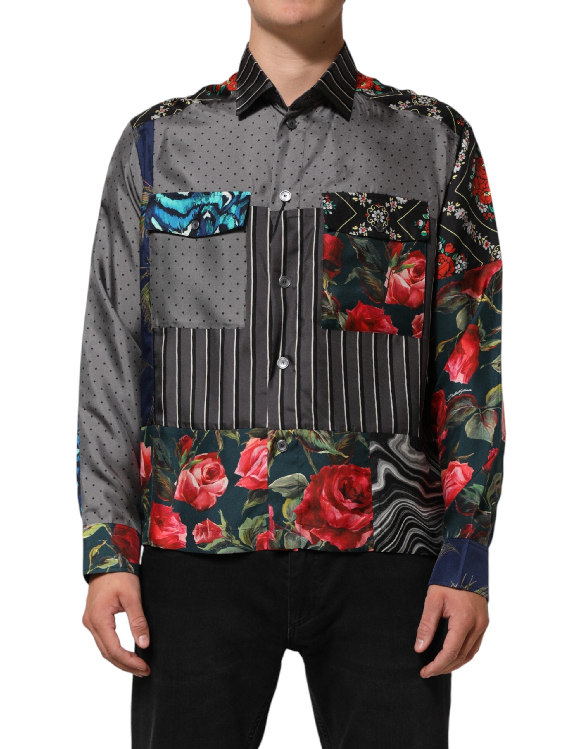 Dolce & Gabbana Multicolor Patchwork Long Sleeves Silk Shirt Dolce & Gabbana