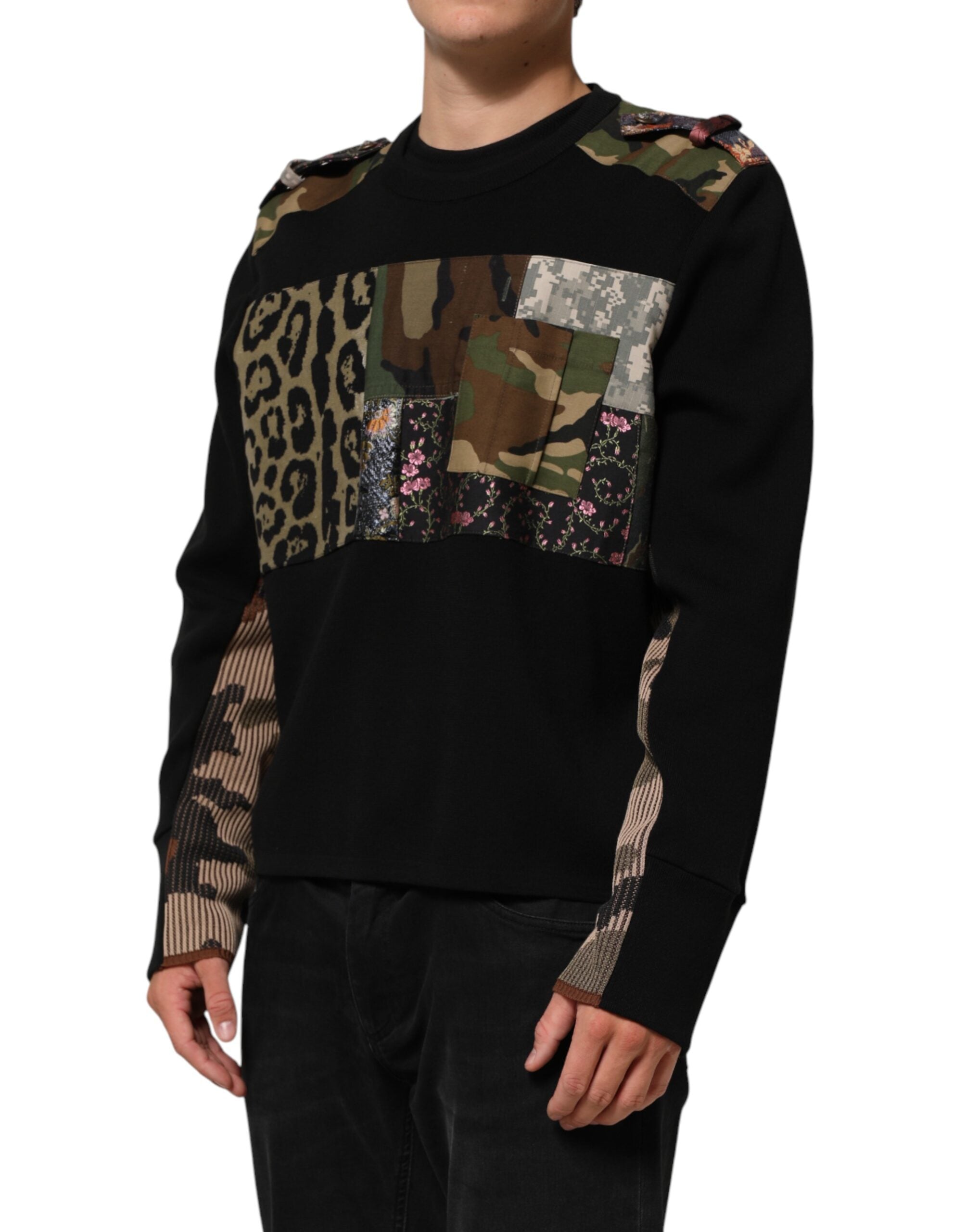 Dolce & Gabbana Black Patchwork Crew Neck Pullover Sweater Dolce & Gabbana