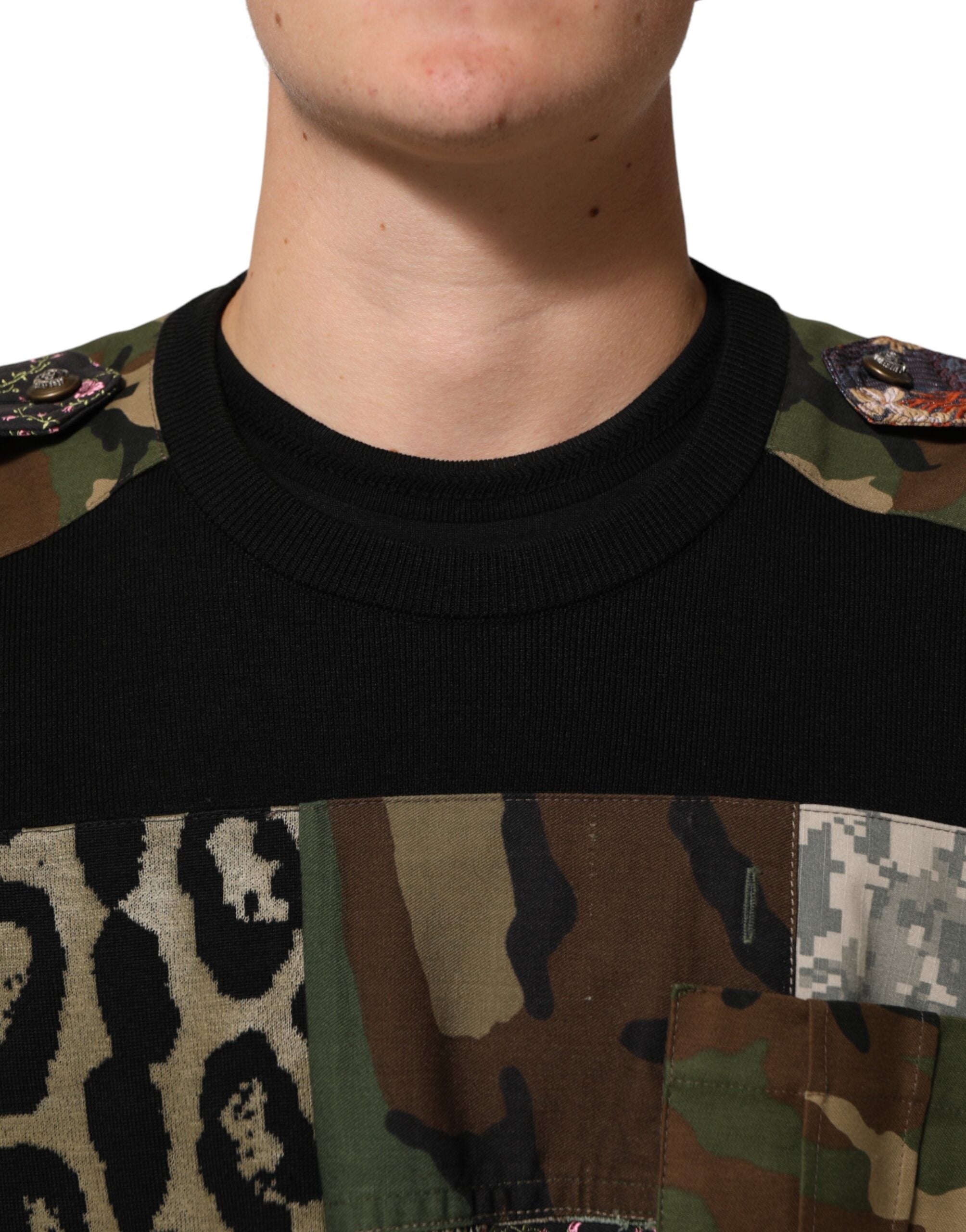 Dolce & Gabbana Black Patchwork Crew Neck Pullover Sweater Dolce & Gabbana