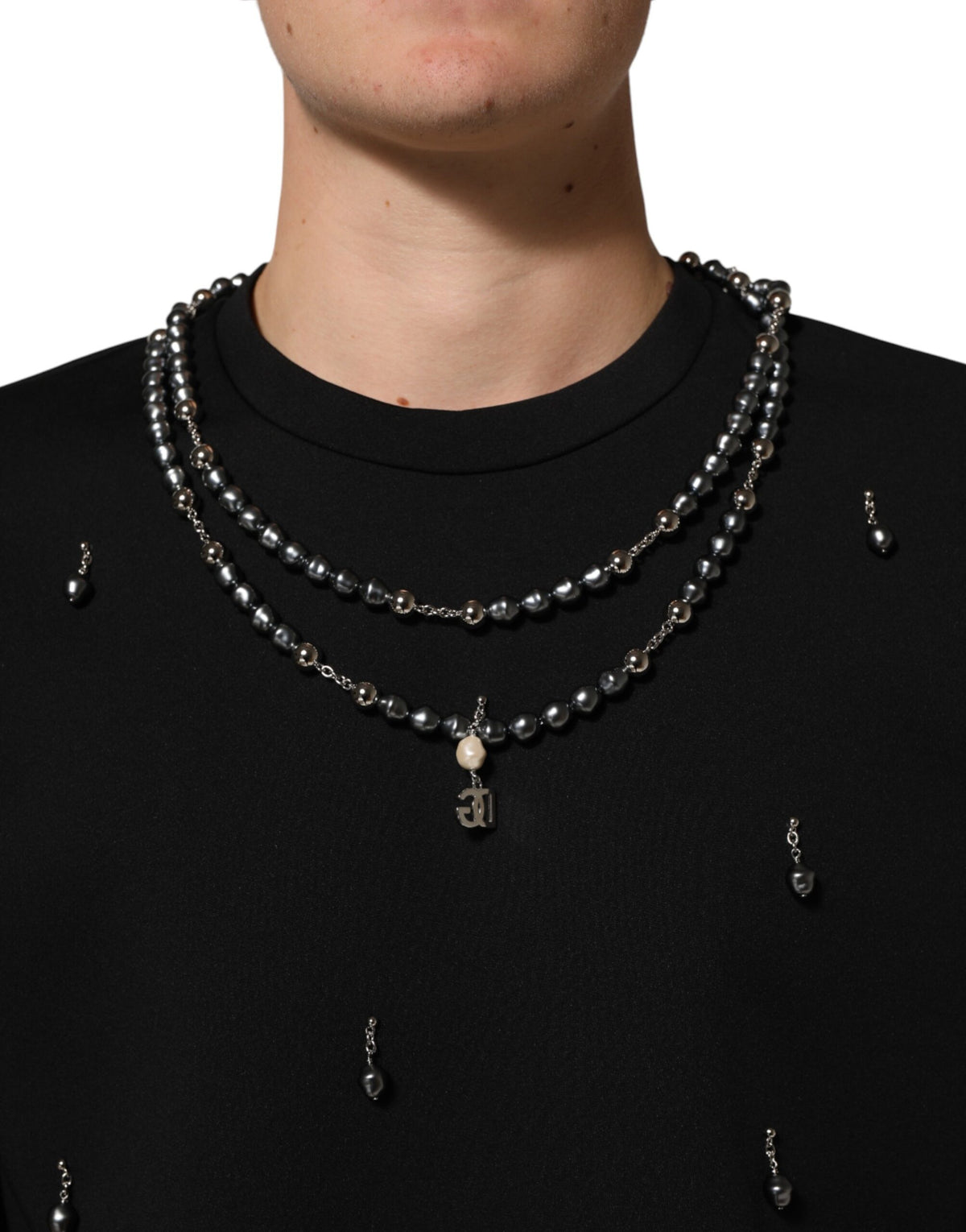 Dolce & Gabbana Black Polyester Necklace Embellished T-shirt