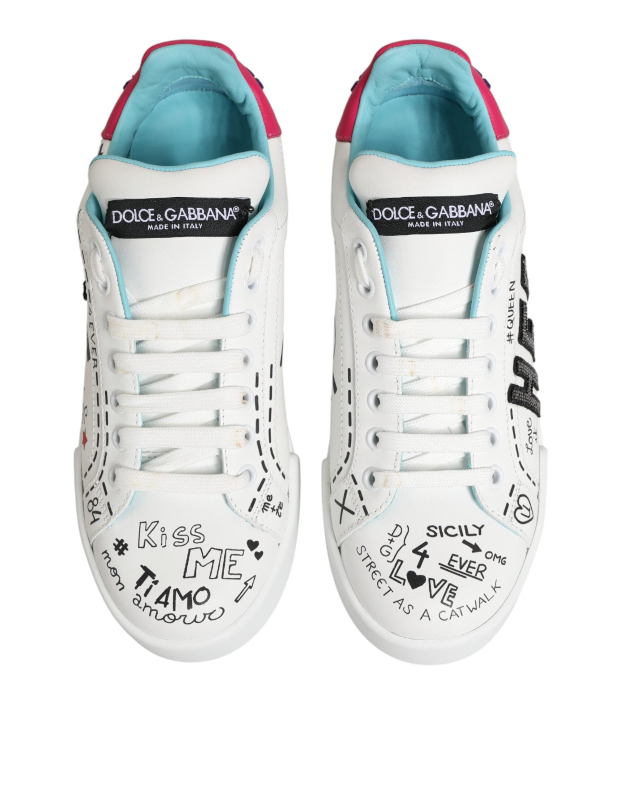 Dolce & Gabbana White Leather Graffiti Low Top Sneakers Shoes Dolce & Gabbana