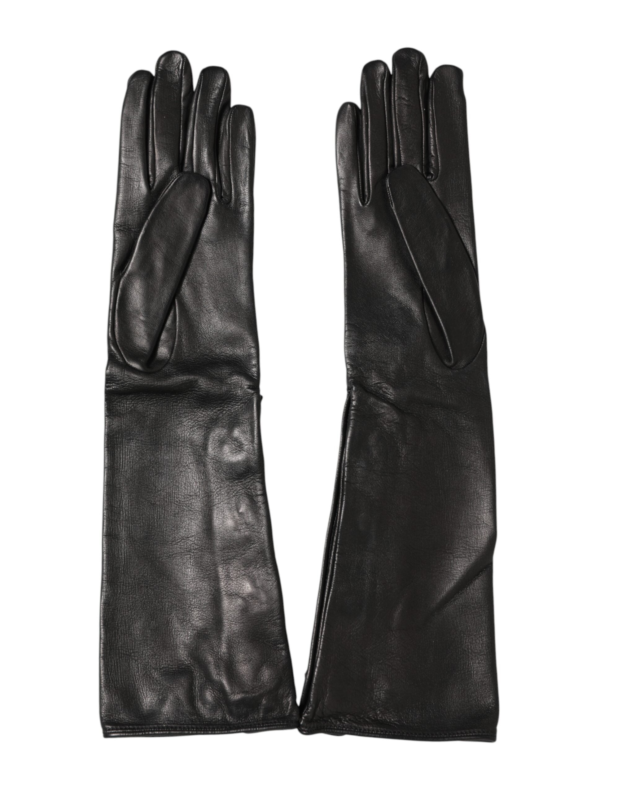 Dolce & Gabbana Black Leather Embellished Long Mitten Gloves Dolce & Gabbana