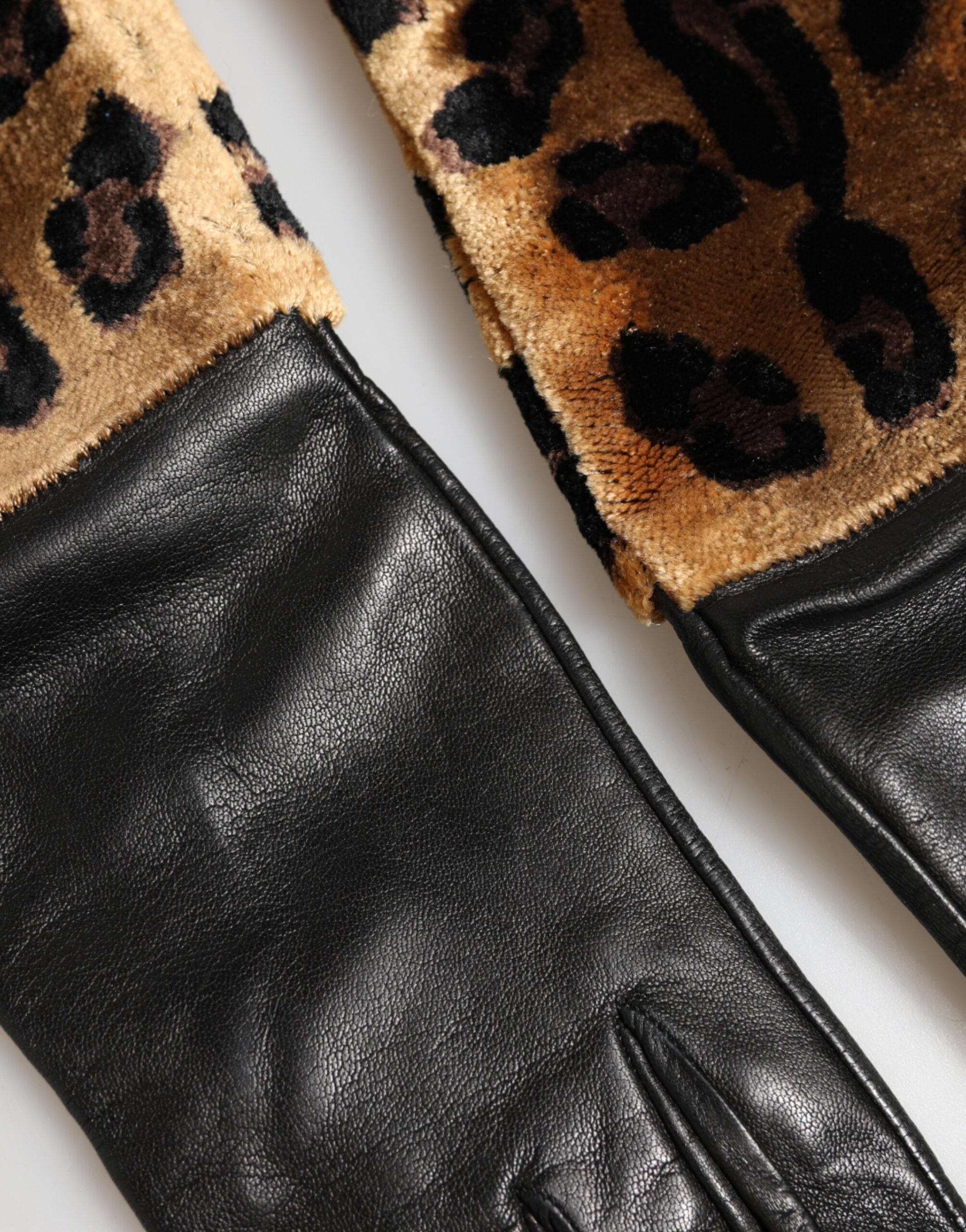 Dolce & Gabbana Brown Black Leopard Leather Elbow Length Mitten Gloves Dolce & Gabbana