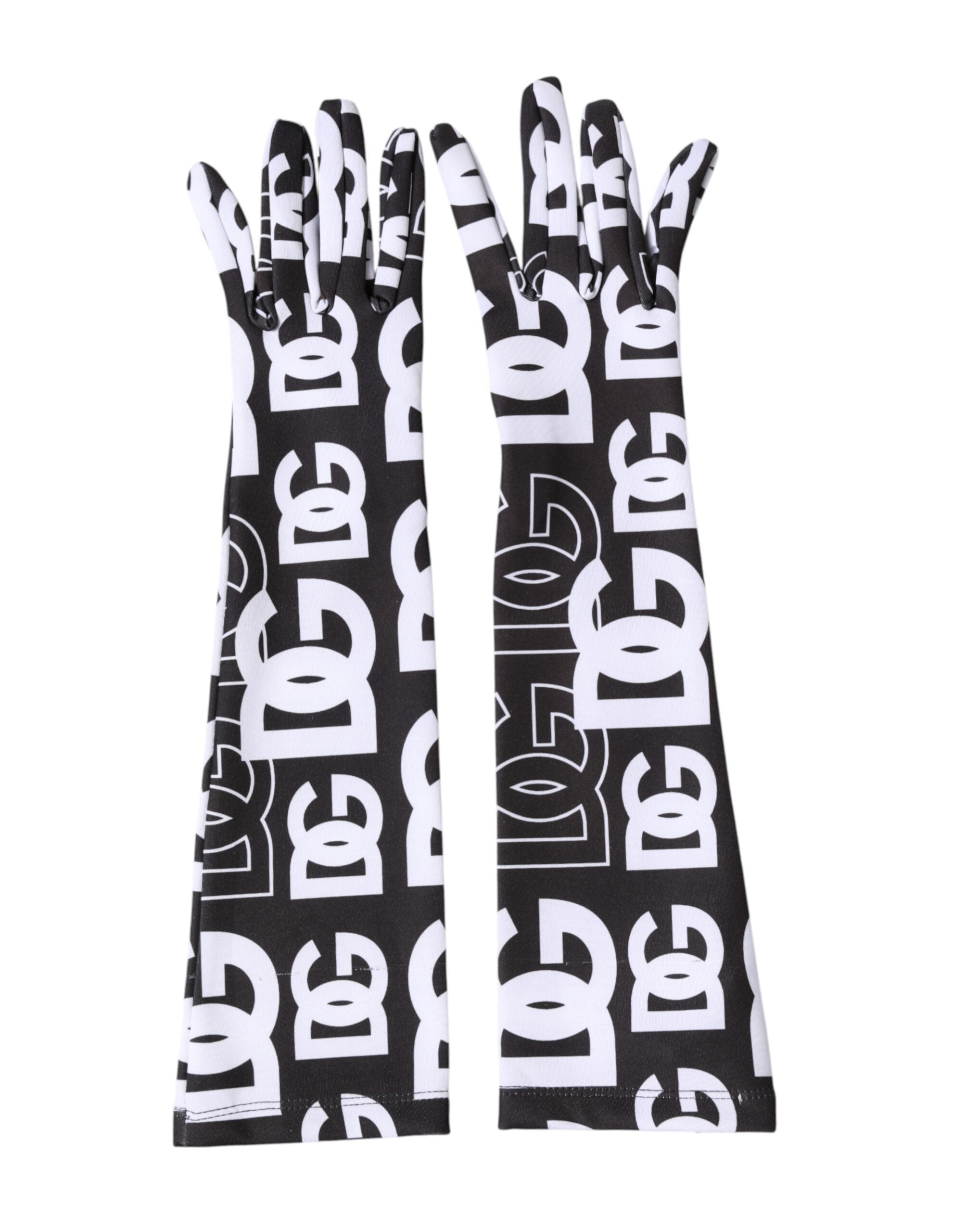 Dolce & Gabbana Black White DG Logo Elbow Length Mitten Gloves Dolce & Gabbana