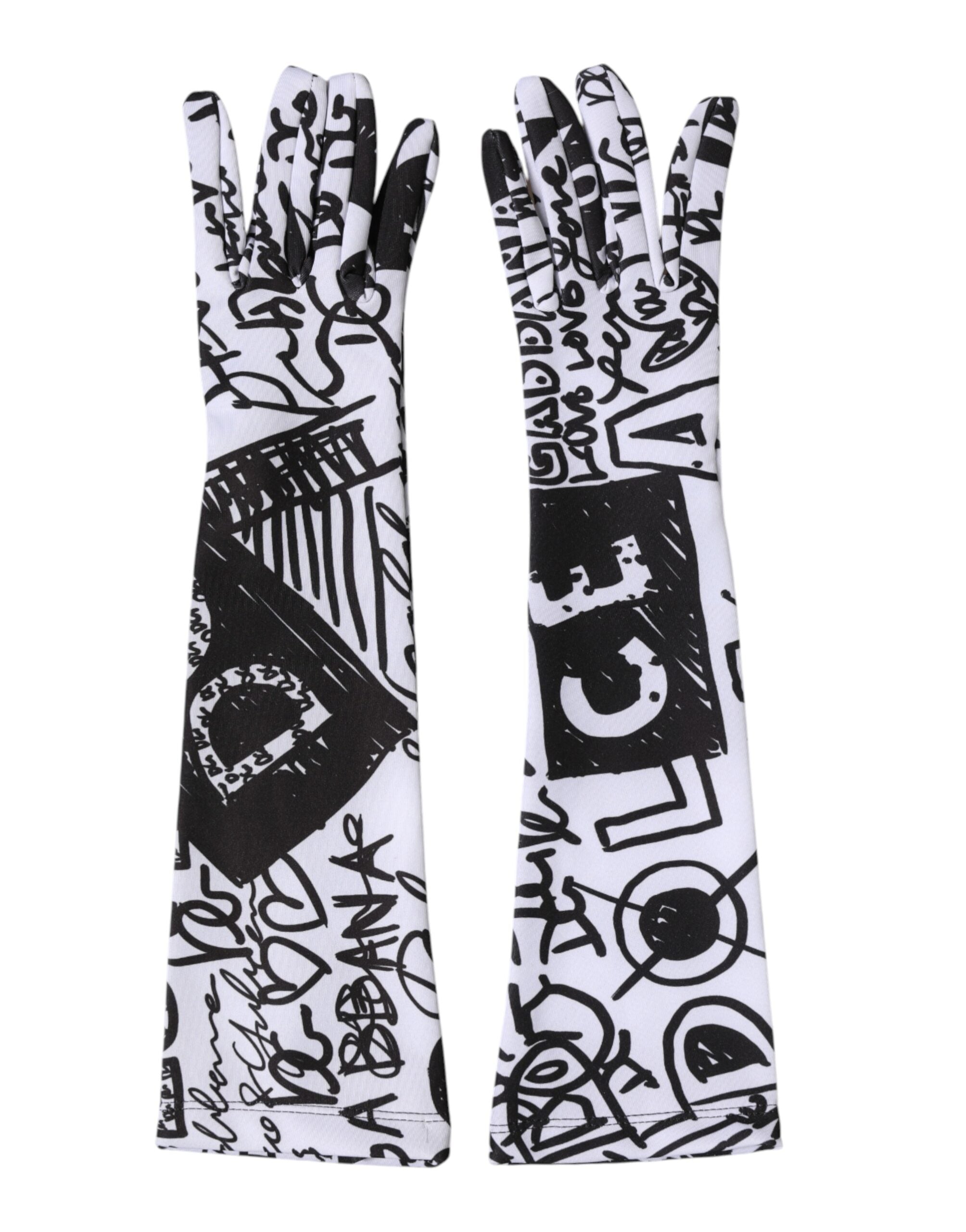 Dolce & Gabbana Gloves Black White DG Logo Elbow Length Mitten Dolce & Gabbana