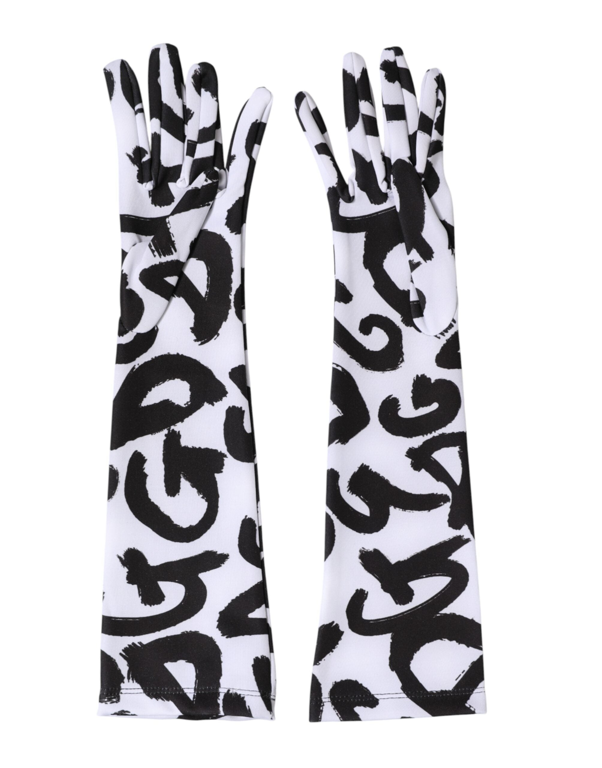 Dolce & Gabbana Black White DG Logo Elbow Length Mitten Gloves Dolce & Gabbana