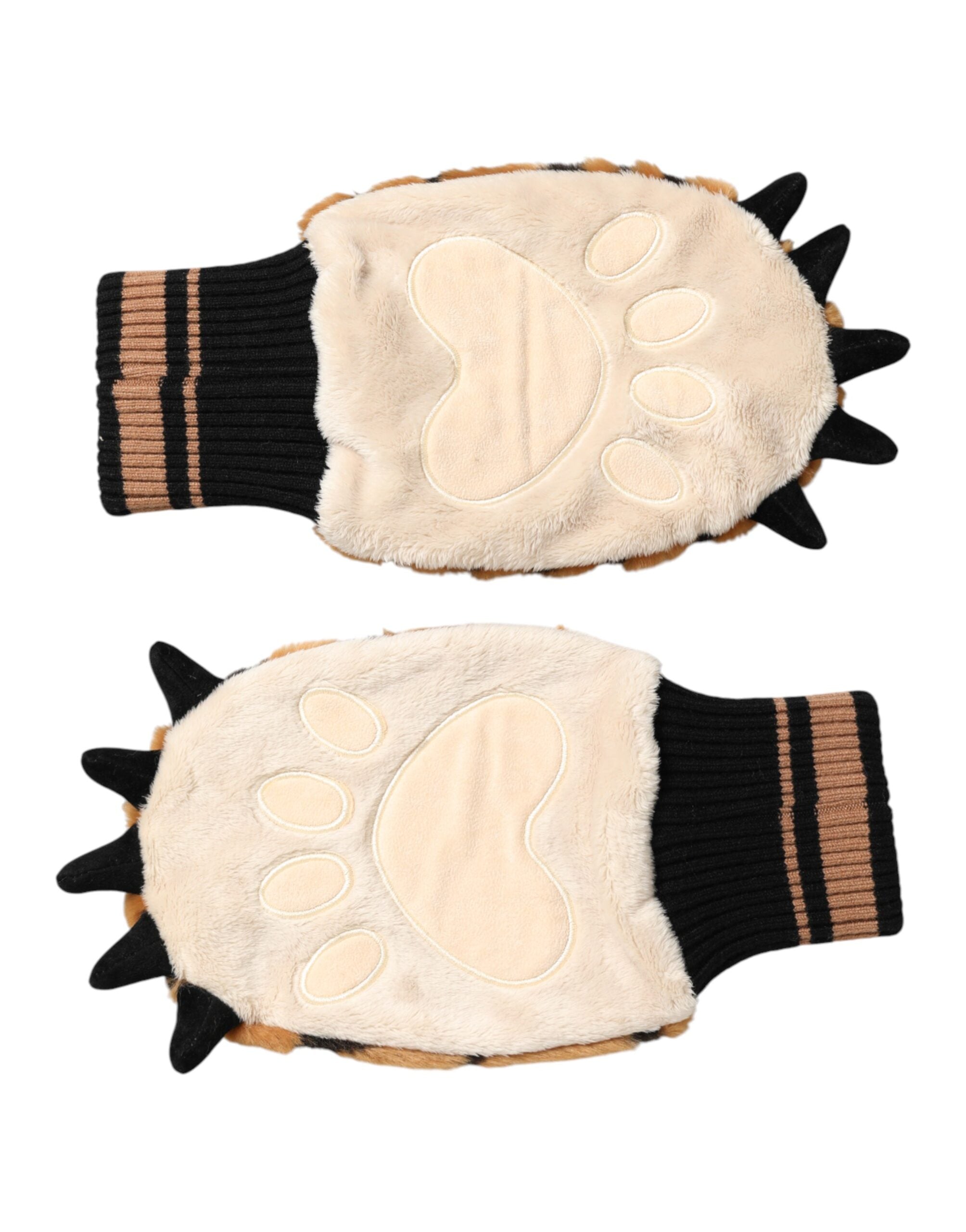 Dolce & Gabbana Brown Tiger Knitted Fur Wrist Mitten One Size Gloves Dolce & Gabbana