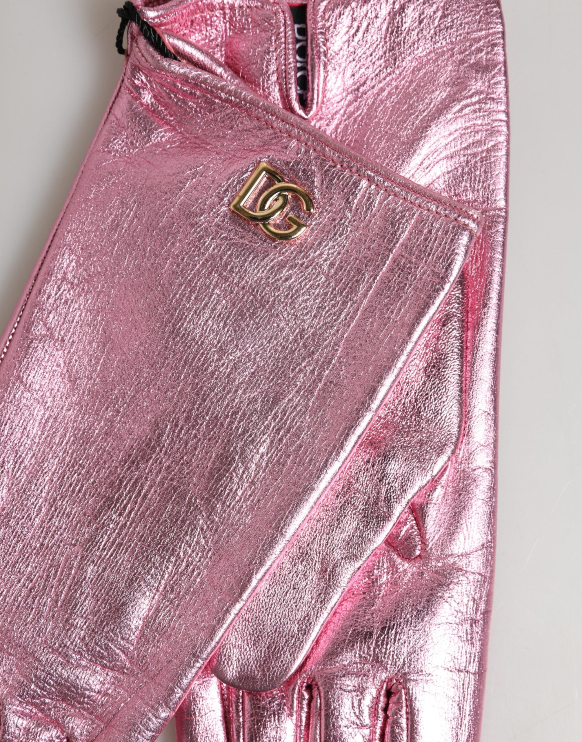 Dolce & Gabbana Pink Leather DG Logo Wrist Length Mitten Gloves Dolce & Gabbana