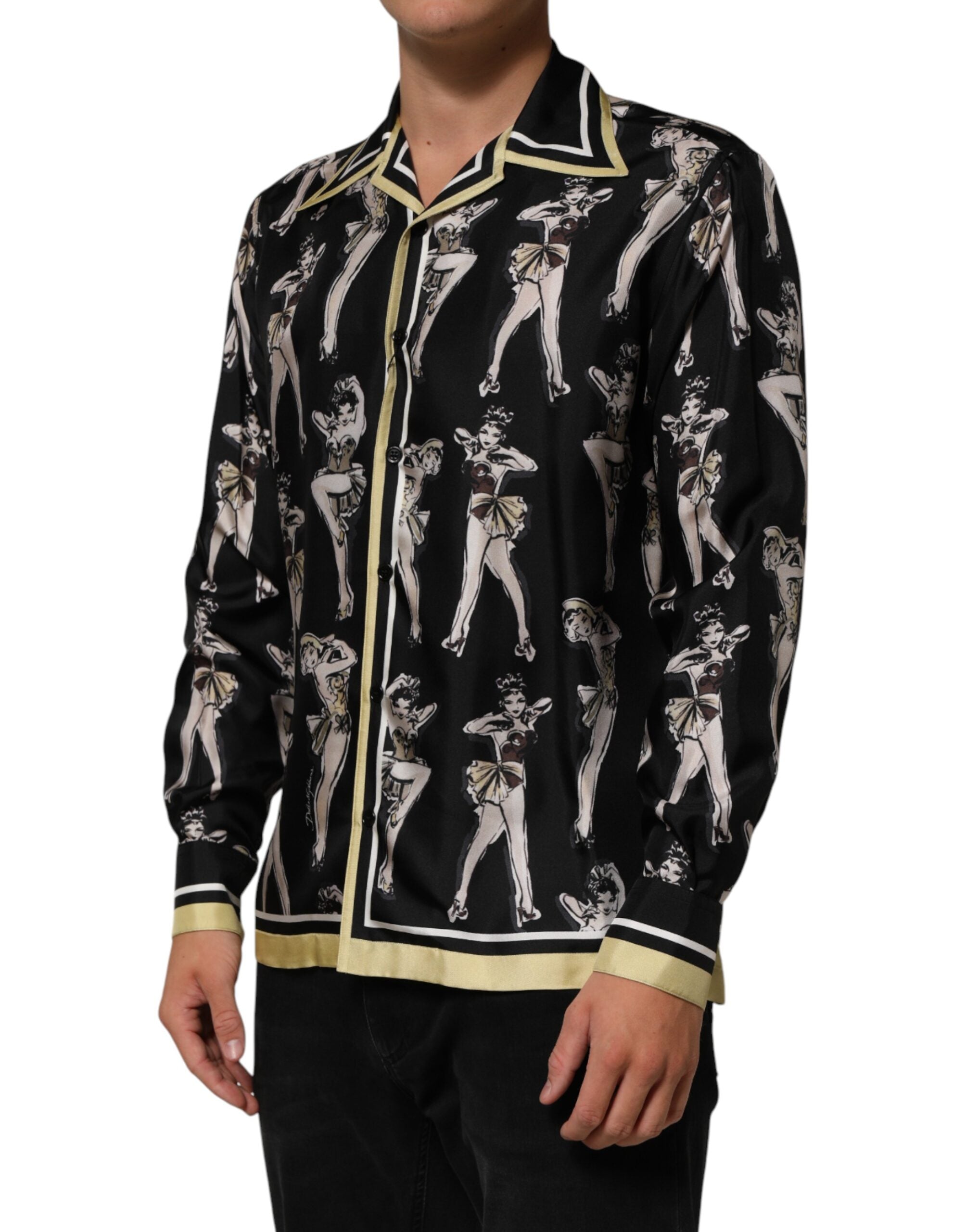 Dolce & Gabbana Black Silk Pin Up Printed Button Down Shirt Dolce & Gabbana