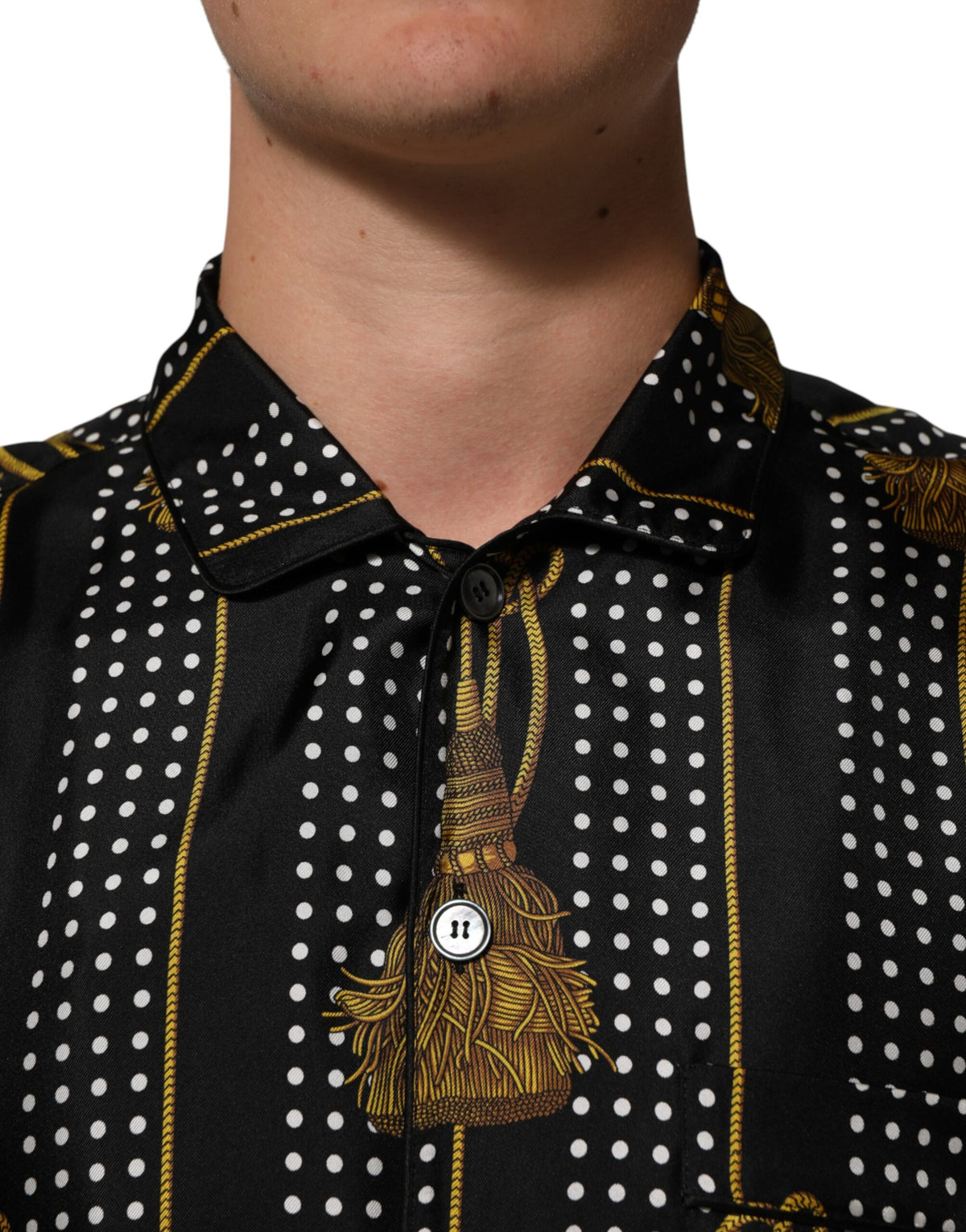 Dolce & Gabbana Black Dotted Tassel Silk Button Down Shirt