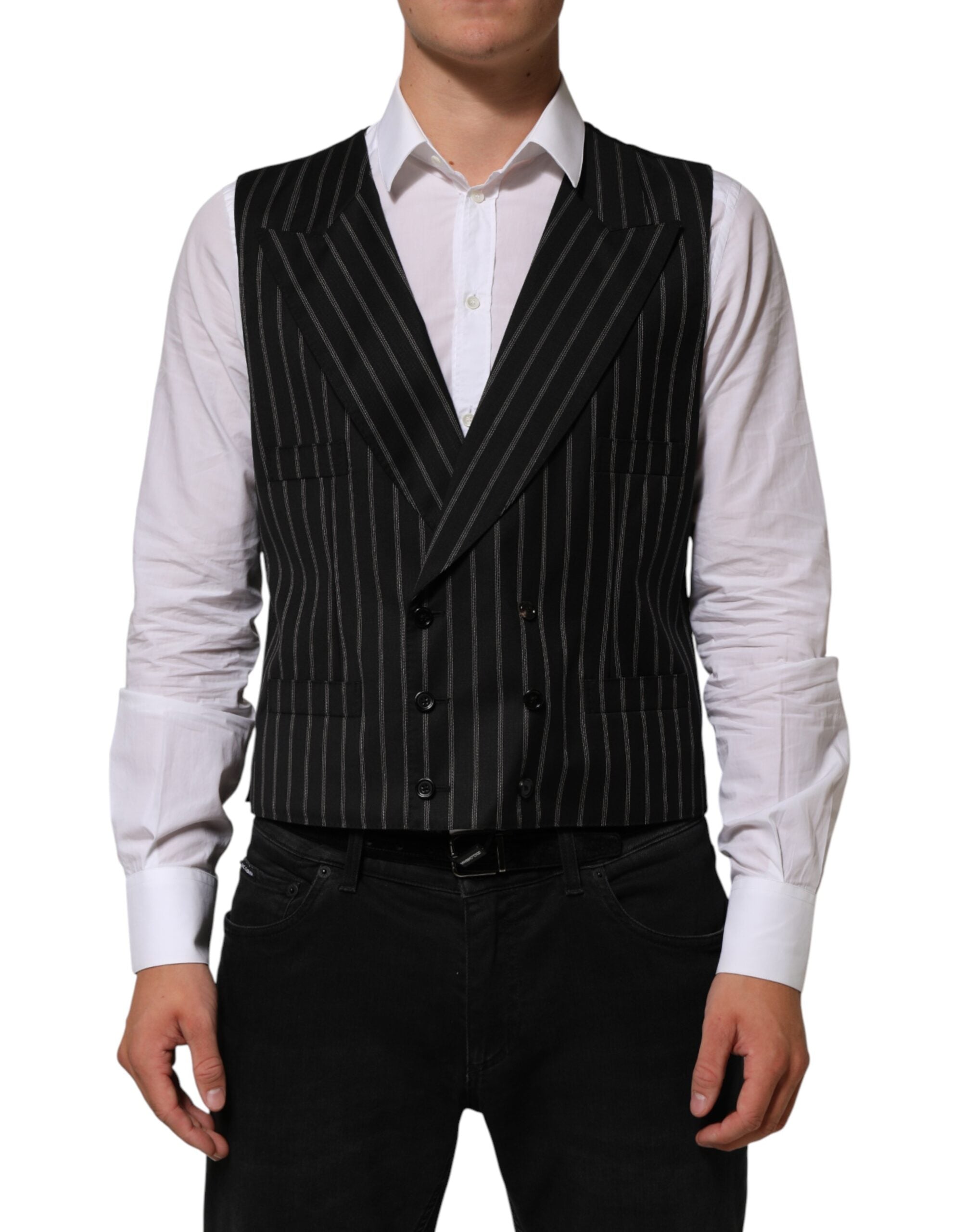 Dolce & Gabbana Black Stripes Wool Dress Men Waistcoat Vest Dolce & Gabbana
